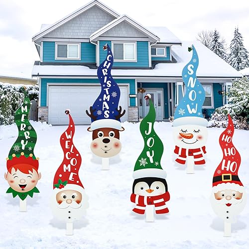 Paquete de 6 estacas de metal de jardín de Navidad con campanilla de metal muñeco de nieve de Papá Noel elfo para decoración al aire libre,