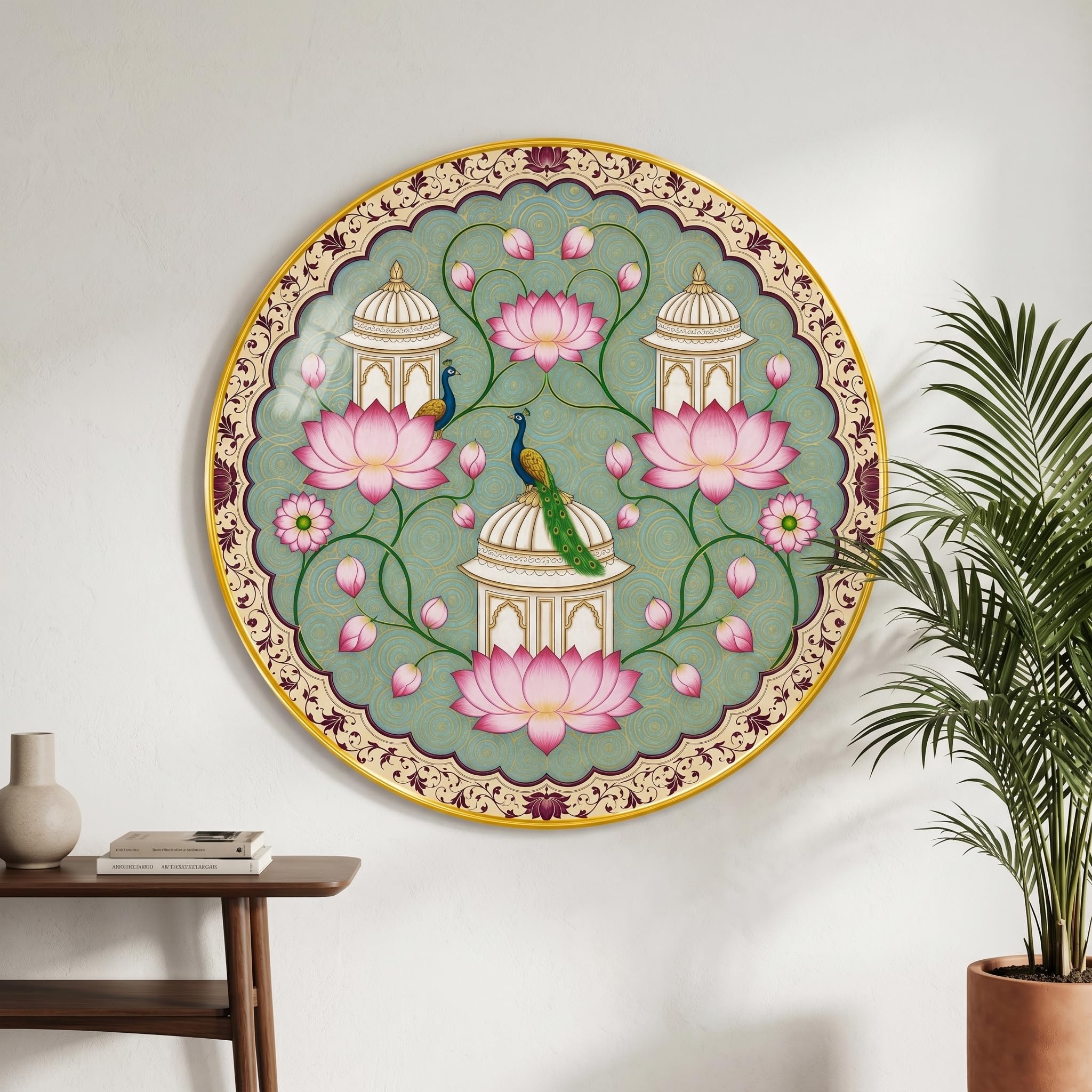 SAF Lotus Peacock Mandala Wall Painting Round PVC Golden Frame Floral Temple Art Traditional Indian Decor Elegant Wall Art for Living Room Bedroom Office Home (16 x 16 Inch) GRM-412-image-28
