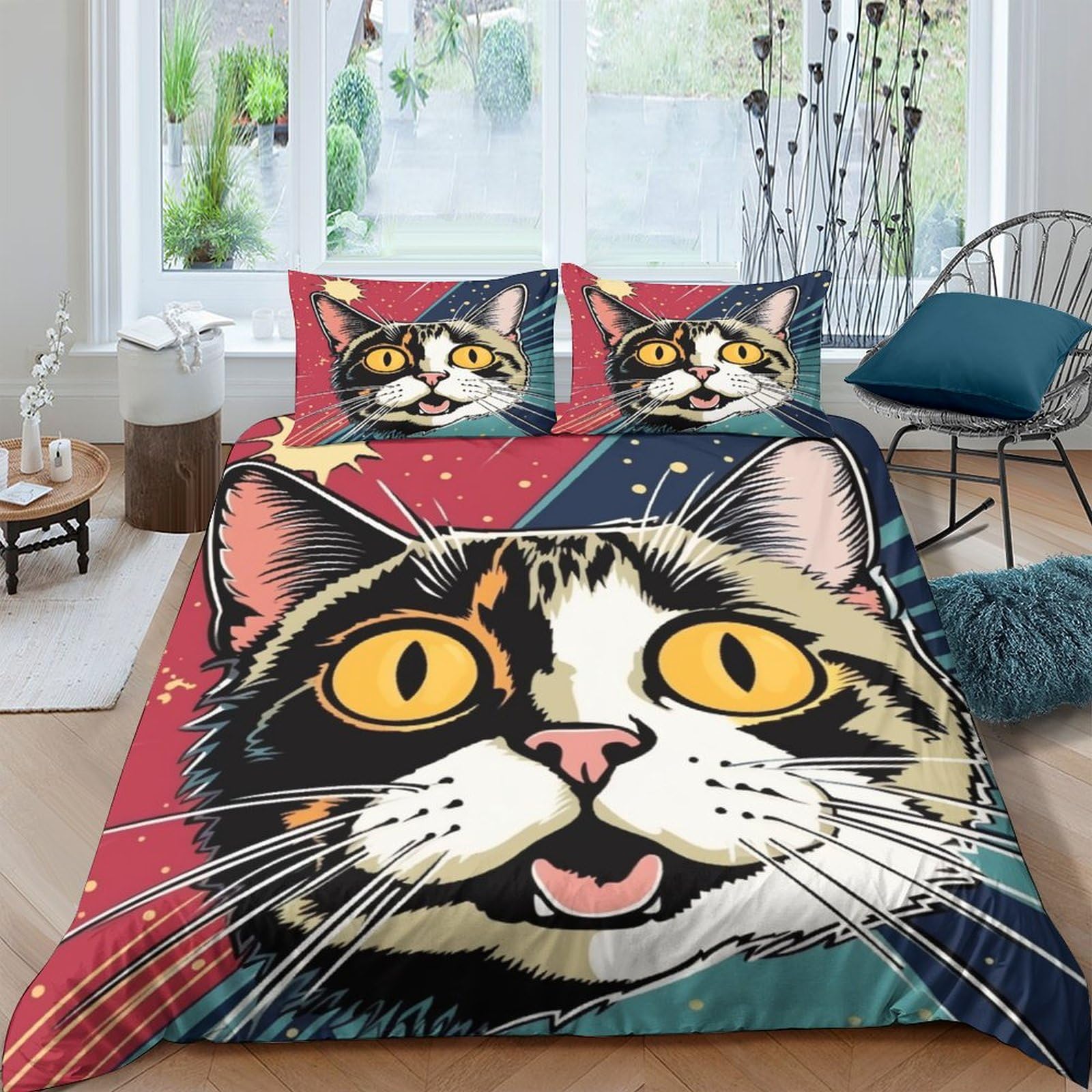 Parure de lit e chat 3D 3 pièces microfibre avec taies d'oreiller