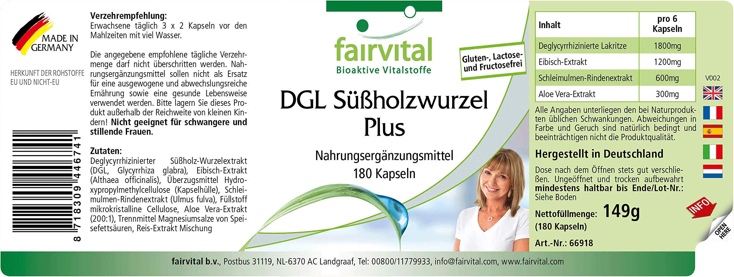 fairvital DGL Plus, 180 capsule, ALTO DOSAGGIO, VEGANO, con liquirizia, altea, olmo rosso e aloe vera