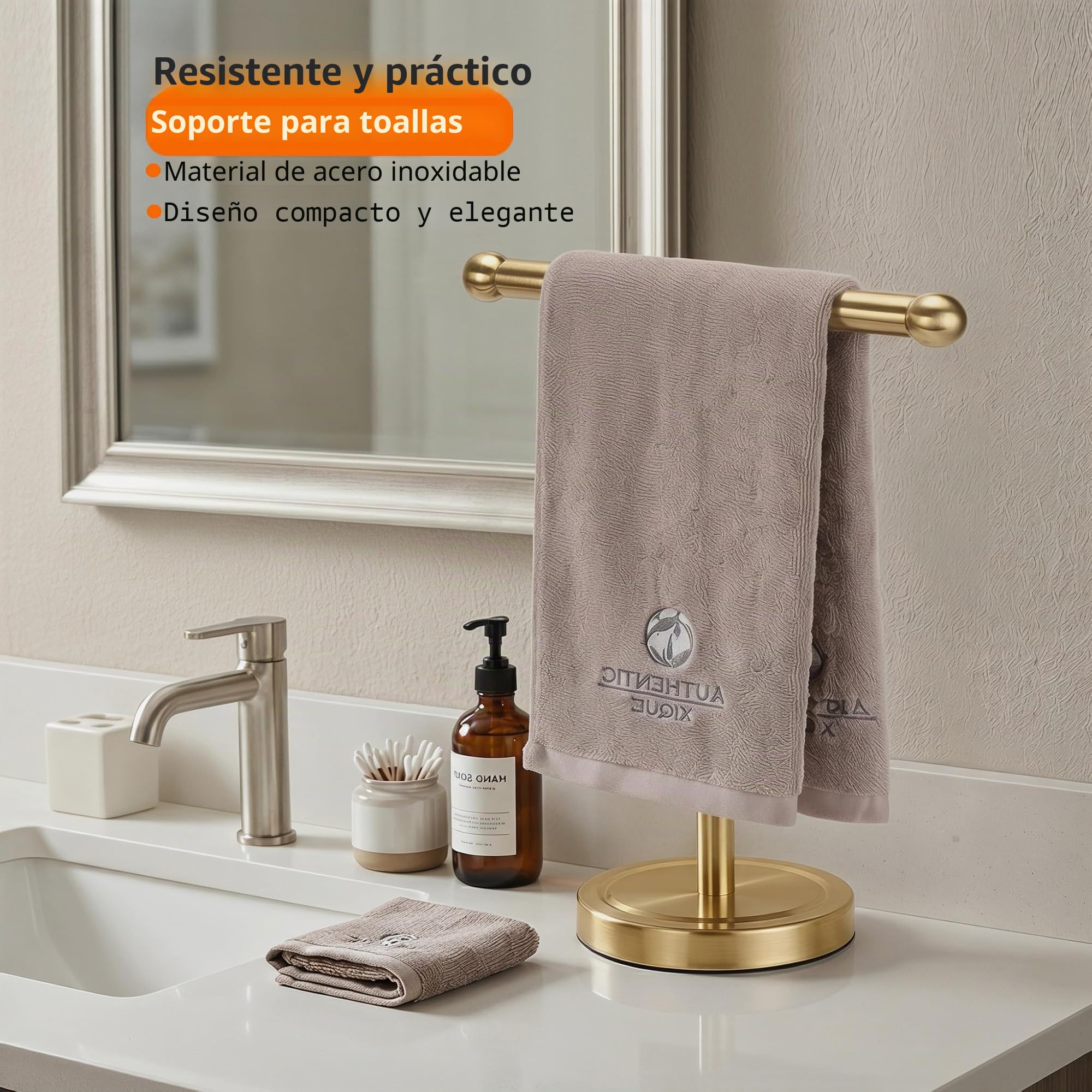 Soporte Dorado para Toallas de Mano con Base de Acero Inoxidable Pesado, toallero en Forma de T, Soporte de Toalla Independiente para encimera de baño (Oro Cepillado)