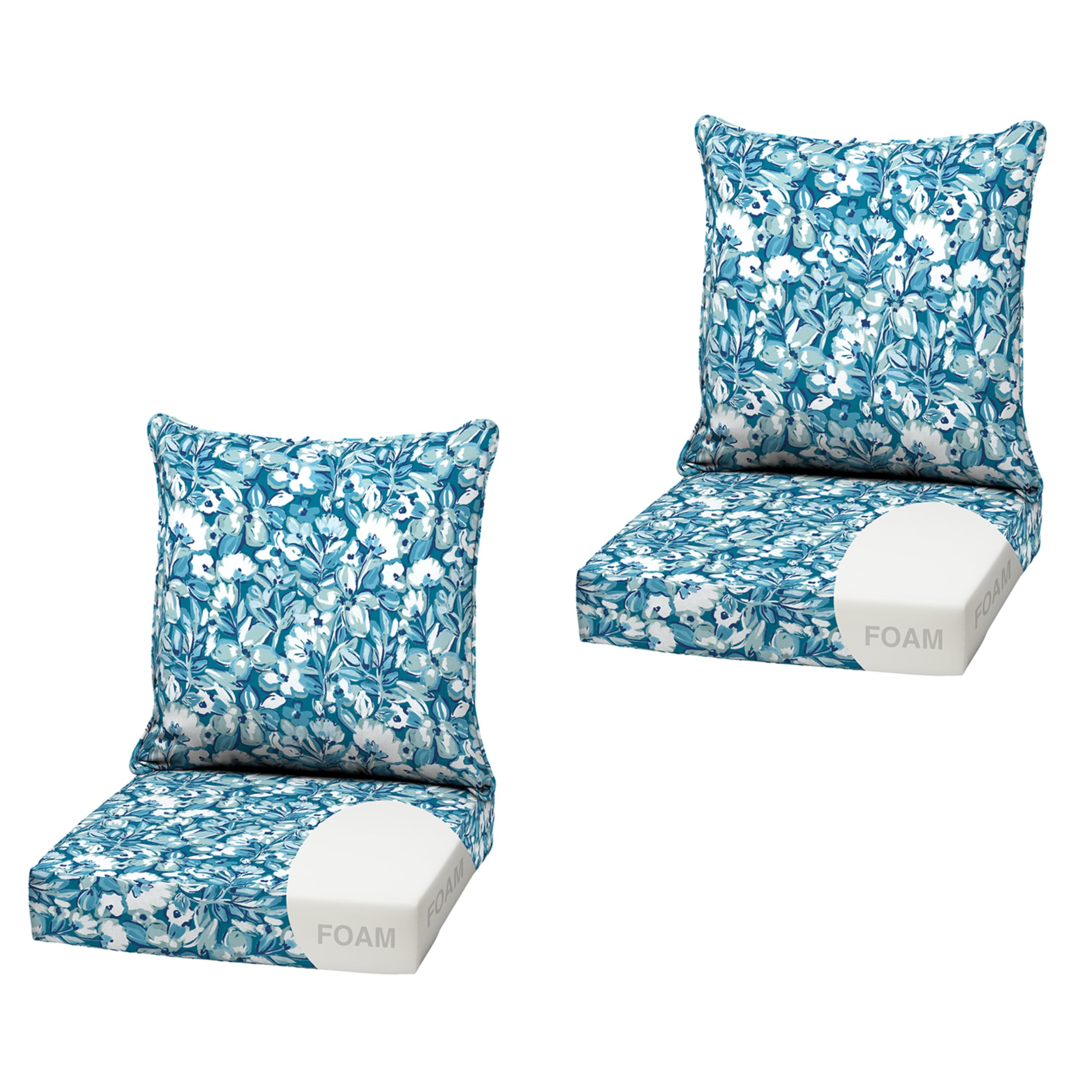 Arden Outdoor Deep Seat Cushion Set, Foam, 2-Pack, 22x24, Aqua Blue Floral