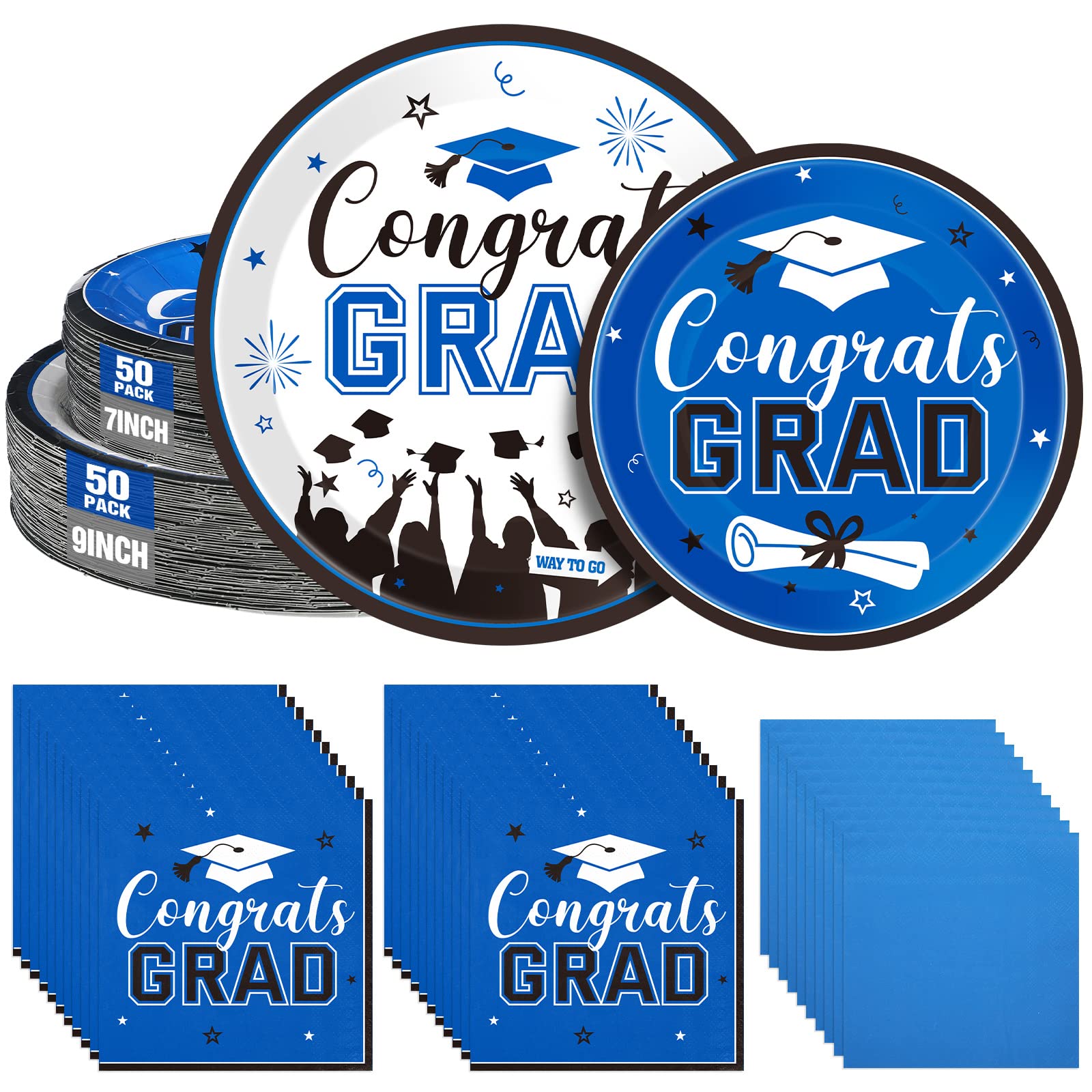 Photo 1 of 200 Pieces Graduation Plates and Napkins Set Serve for 50 Guests Congrats Grad Party Supplies Class of 2023 Paper Disposable Plates 9 inch 7 inch for School Home Celebration Party (Navy Blue)