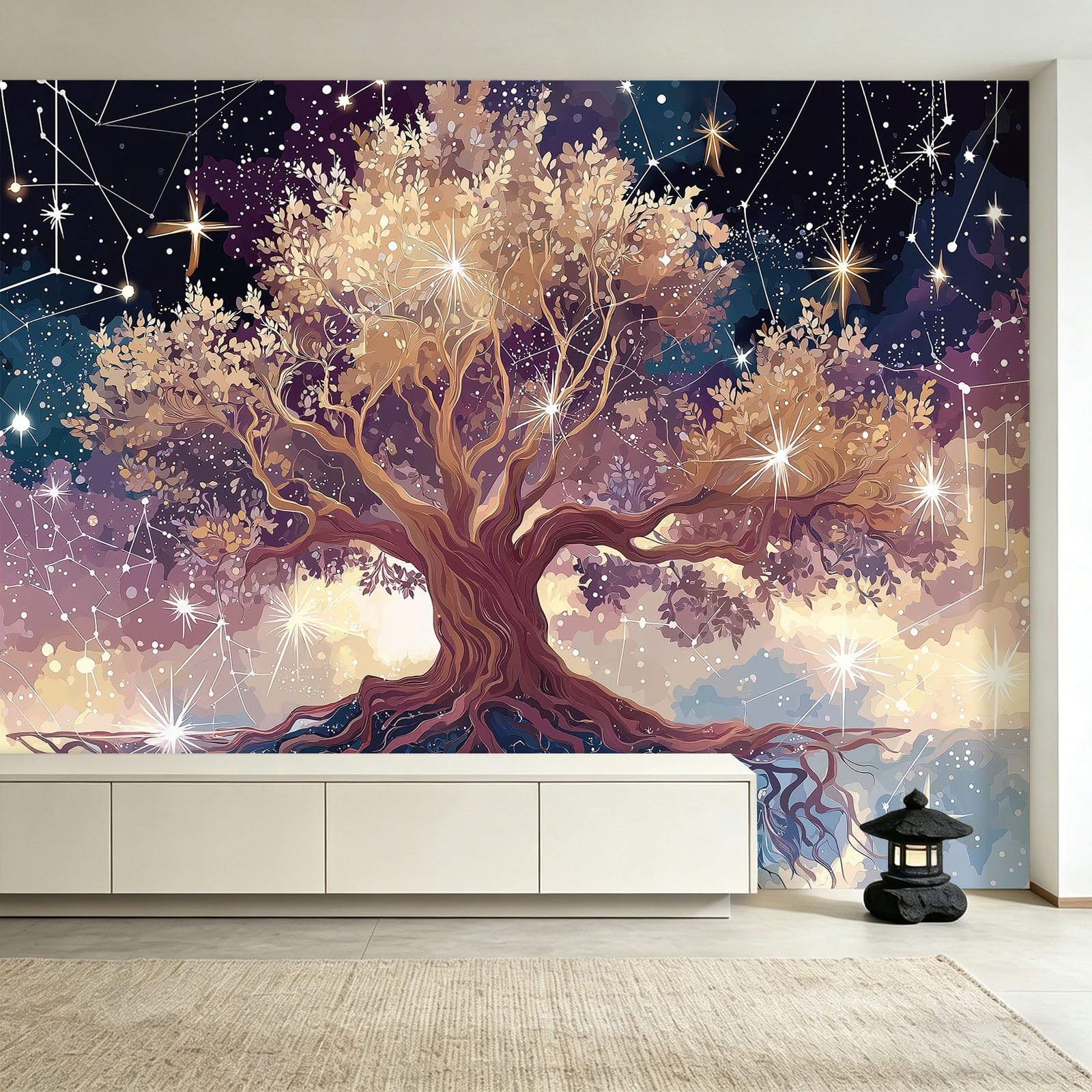 Générique Fantazyjna panoramiczna tapeta gwiaździste niebo 350 x 256 cm niestandardowy ogromny plakat ścienny do salonu, sypialni, pokoju dziecięcego - drzewa konstelacje świecące kropki