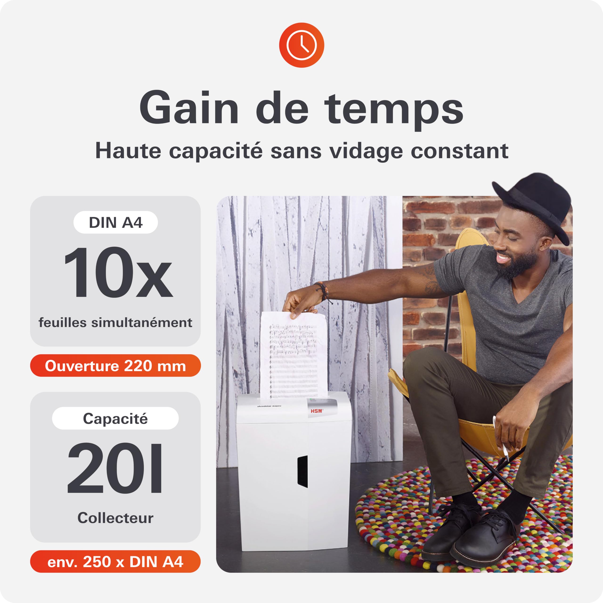 HSM shredstar X10 Destructeur de documents sécurité 3 10 feuilles coupe particules 4,5x30 mm Blanc Argent