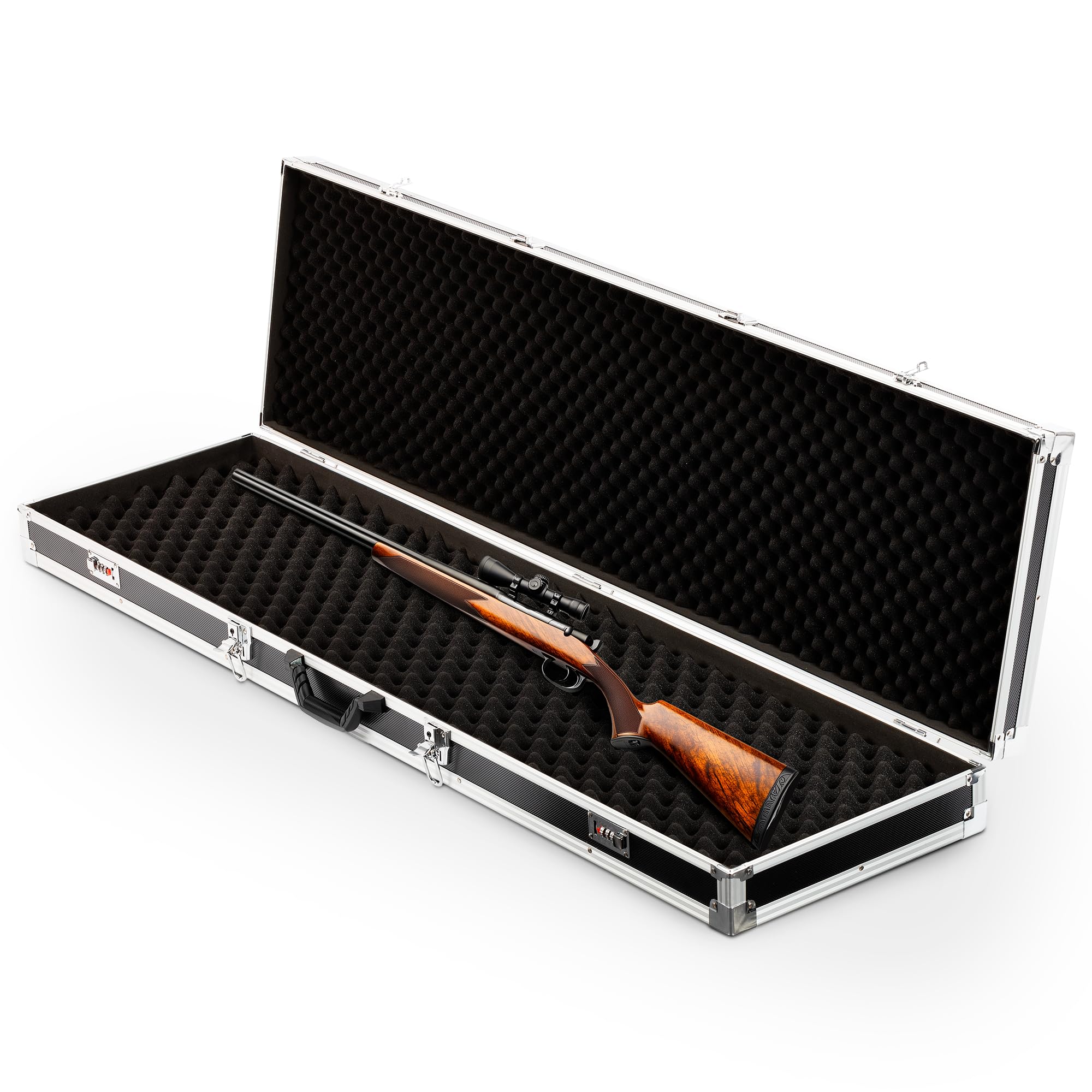 Rifle Extra Strong Case con Due Serrature a Combinazione e Due a Chiave, Custodia con Telaio in Alluminio, Imbottita di Schiuma, Valigetta Estremamente Sicura per Armi da Caccia e Munizioni