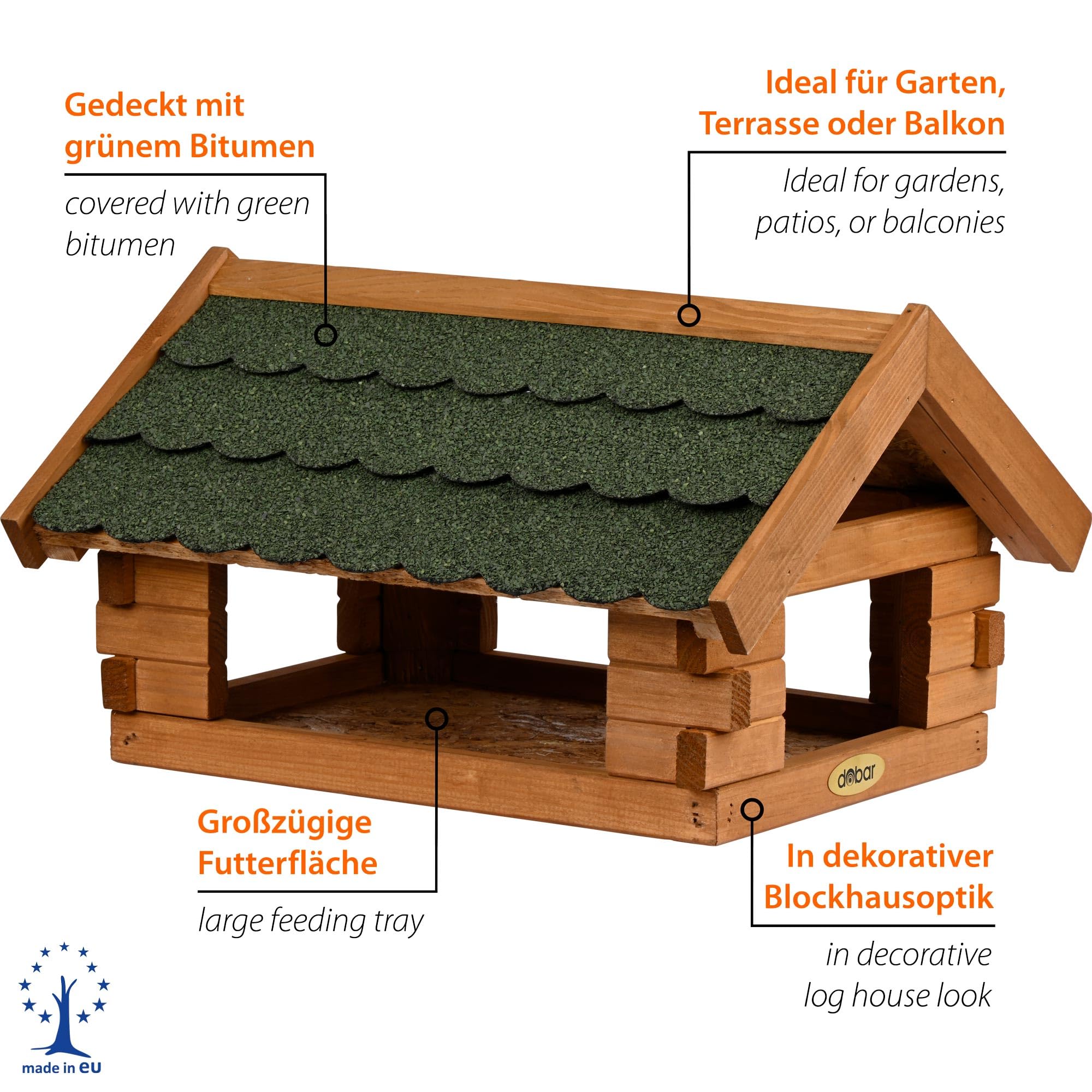 dobar® Vogelhaus Blockhaus mit Bitumendach - Vogelfutterhaus aus Holz wetterfest lasiert - Futterstation für Wildvögel stehend für Ständer - Grün