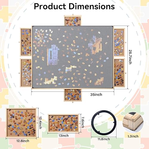 Miniatura 3 de Tablero de rompecabezas de madera de 1500 piezas, 6 cajones, mesa giratoria de rompecabezas de 35 x 27 pulgadas, superficie de fieltro y alfombrilla