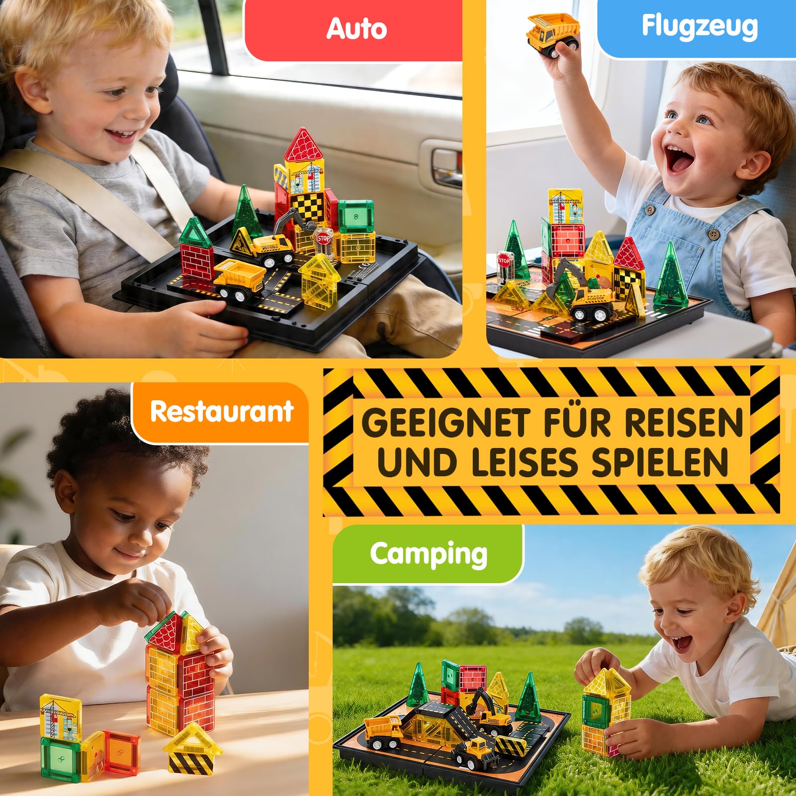 hahaland Magnetische Bausteine ab 3 Jahre mit 3 Baustellenfahrzeugen & Aufbewahrungsbox, 42PCS Mini Magnetic Tiles Reisespielzeug mit Bauplatte, Montessori Spielzeug Geschenk für Kinder 3 4 5 Jahre