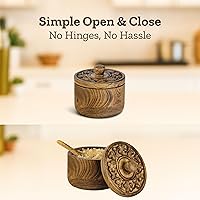 Vista 7 de Mie Creations Salero Rústico con Tapa Tallada a Mano y Cuchara, Cuencos de Madera para Pellizcar Sal Recipiente de Madera para Sal y Pimienta