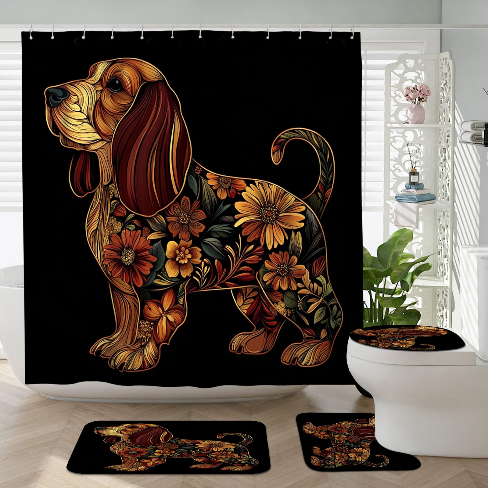 Set da bagno con cane bassethound autunnale, accessorio da bagno con tappeto antiscivolo, a forma di U e tappetino copriwater, decorazione per il bagno autunnale vintage retrò con fiori, 183 x 183 cm