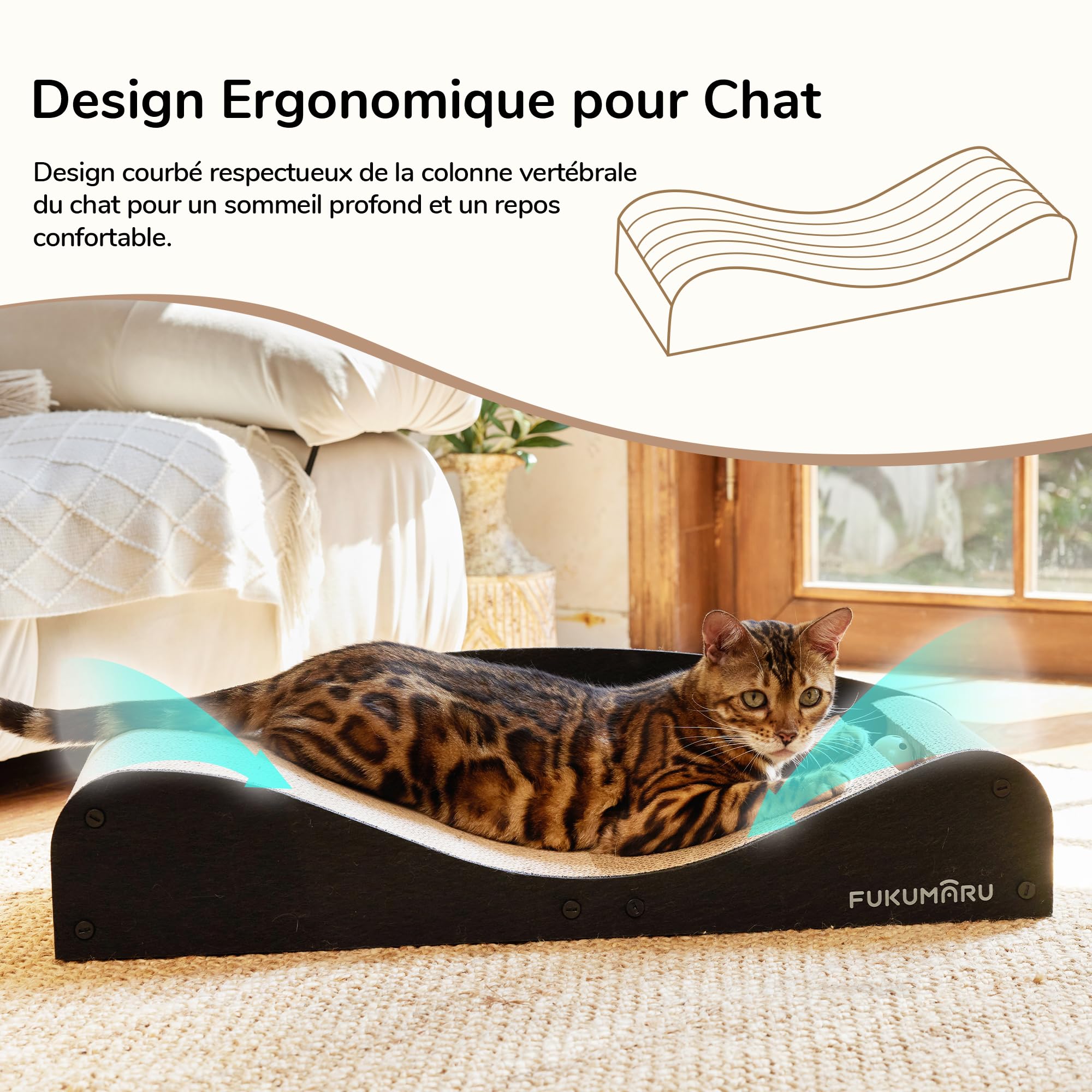 FUKUMARU Grattoir pour Chat, 73,9 cm Extra Long Lit Canapé en Carton d'Intérieur, Récréation Multifonctionnelle en Feutre Naturel, Tapis de Griffure Horizontal avec Balle Jouet, Noir