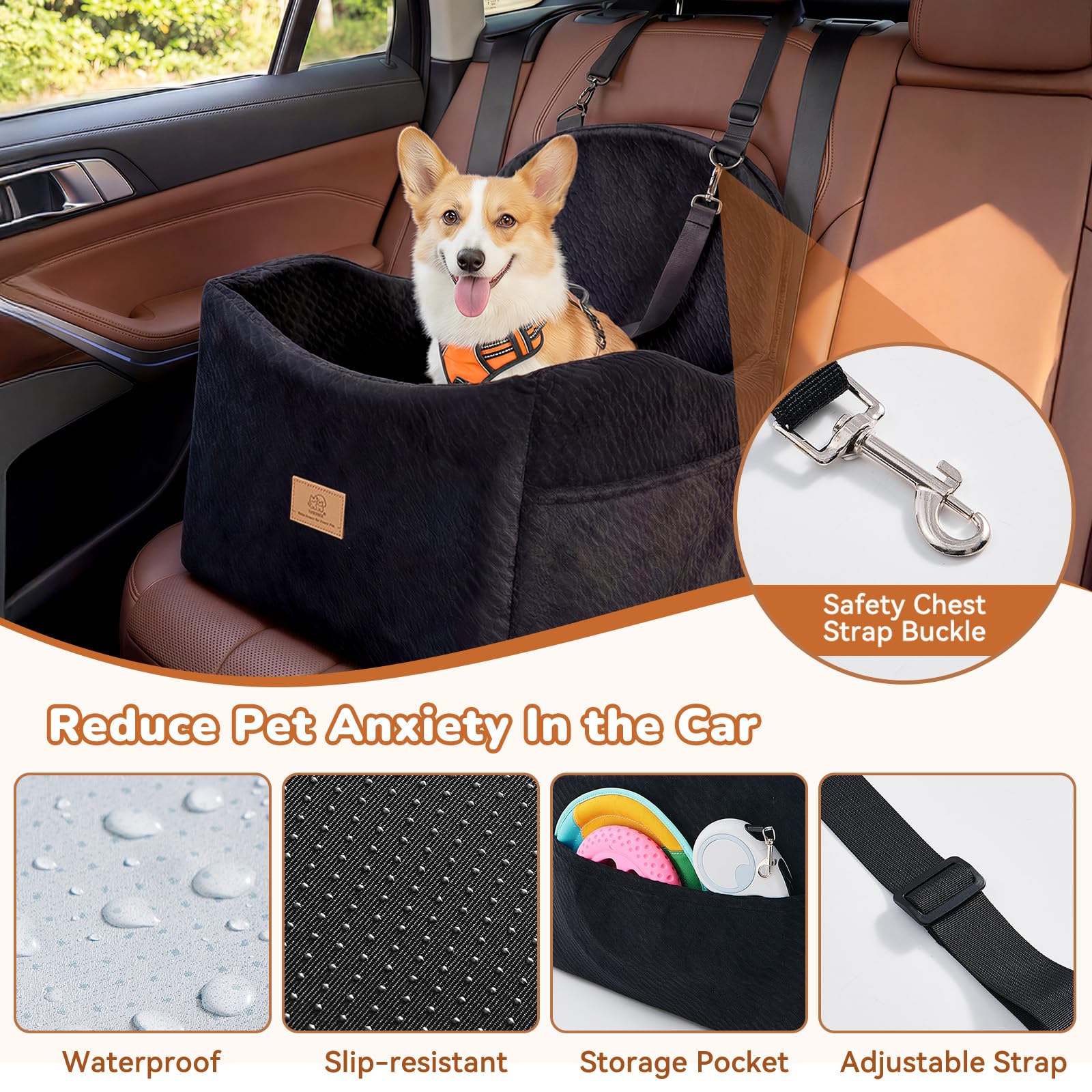Dog Car Seat for Medium/Small Dogs, Dog Booster Car Seat, Pet Booster Seats Up to 40lbs with Waterproof Layer, 3 Storage Pockets and Safety Belt (Black) - image 4