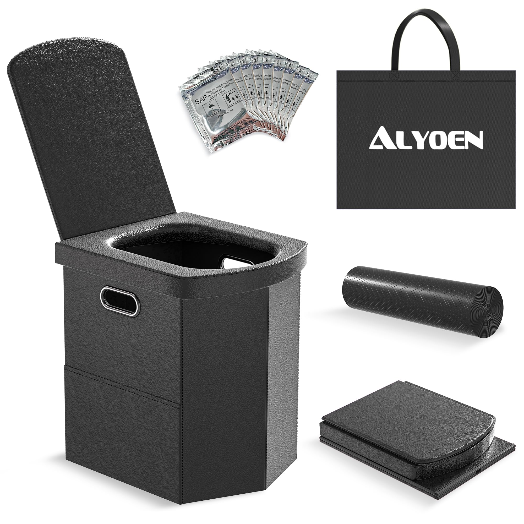 Leather Camping Toilet, Portable Toilets for Adults and Kids, Foldable Toilet with Lid and Paper Holder for Car, Hiking, Beach and Camping