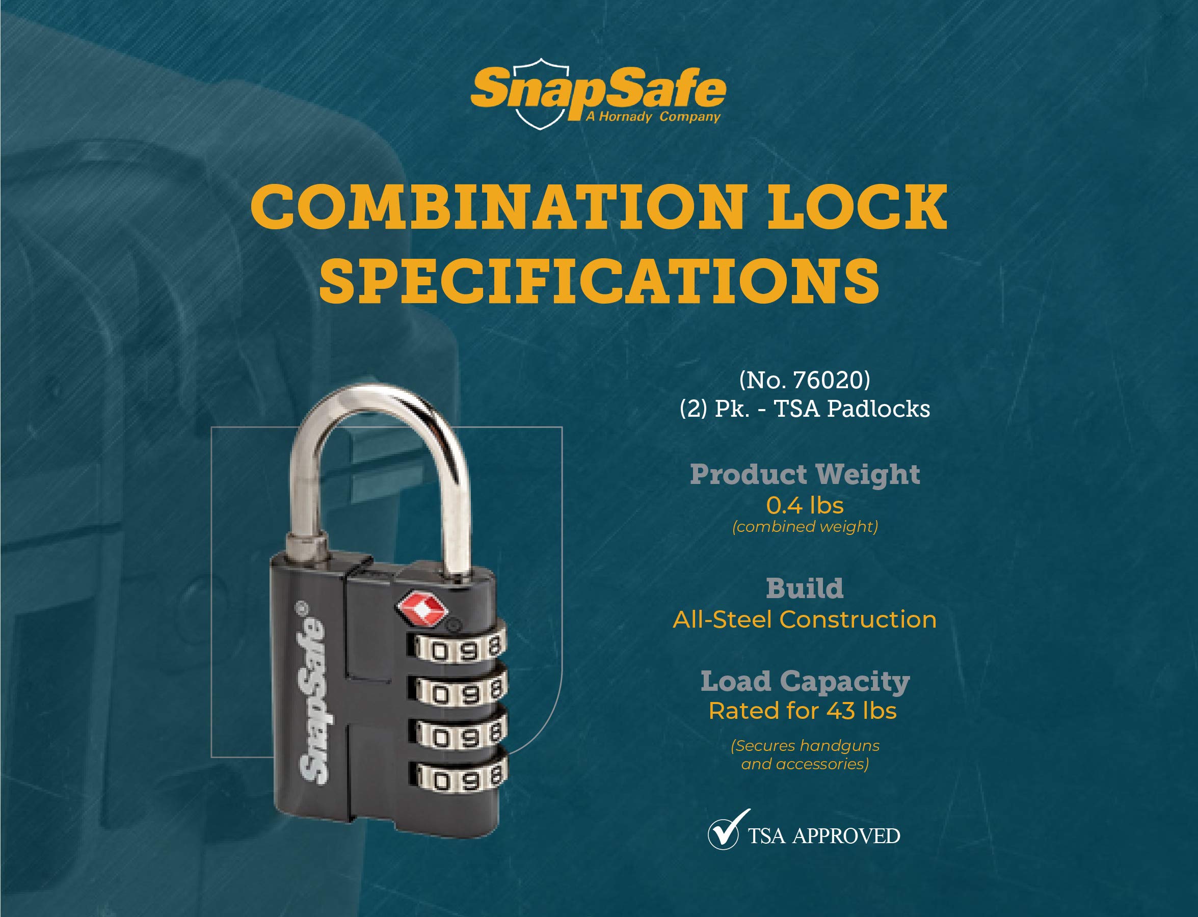SNAPSAFE Certificado por Tsa 4 dígitos candado con grillete de "de grosor" arma de fuego casos equipaje mochilas ordenador Bolsas candado de combinación
