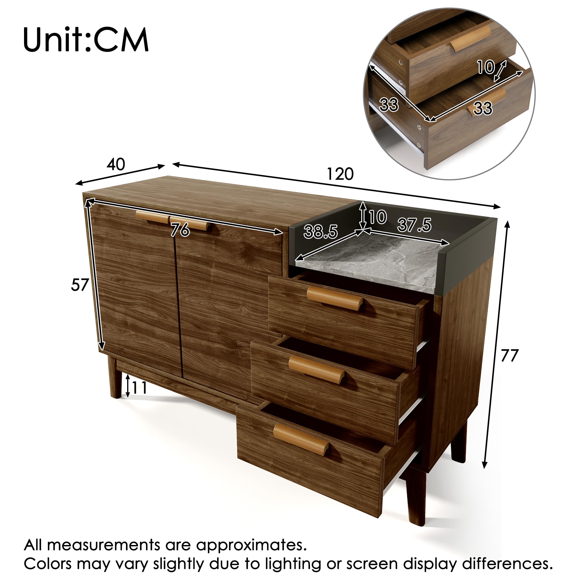Wohnzimmer Kommode in Eiche Dekor mit Marmor-Optik Platte - Offene Ablage + 3 Schubladen & Doppeltürschrank (innen höhenverstellbar) - Massivholzbeine & kehrroboterfähig, H77/B120/T40 cm Möbel: