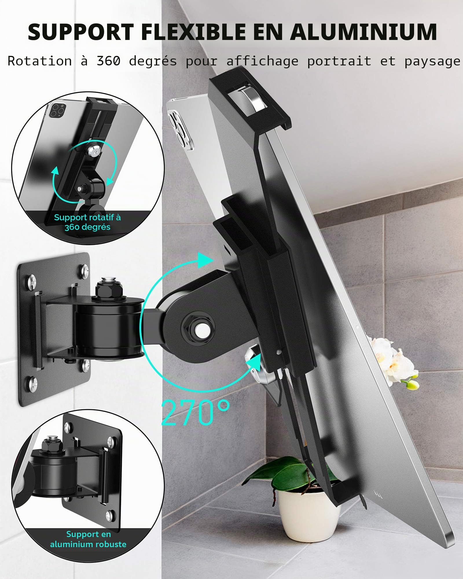 AboveTEK Support Mural pour Tablette - Verrouillage Antivol et Clé - Compatible avec iPad, Galaxy Tab, Slate, Fire et Plus - Modes Portrait et Paysage