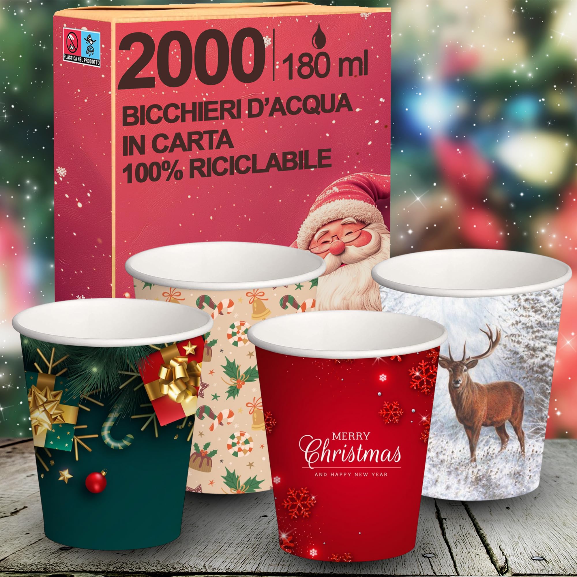 2000 Bicchieri d' Acqua in Carta Natalizi 180 ml, Biodegradabili Biocompostabili, Usa e Getta, 4 Colorazioni, Ideale per Casa, Ufficio, Asporto Bevande Calde Natale
