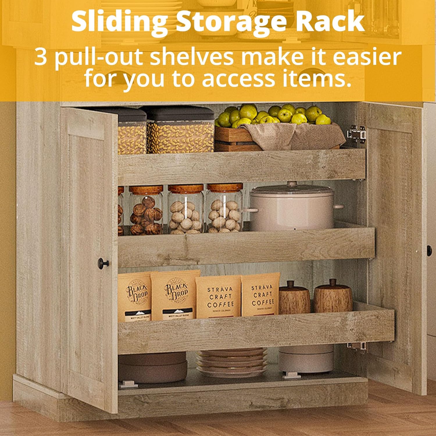 Close-up view of the cabinet's sliding storage racks, showing them pulled out with items like jars and a pot.