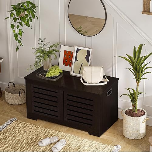 Miniatura 5 de DINZI LVJ Baúl de almacenamiento, organizador de caja de juguetes de madera con 2 bisagras de seguridad, banco de zapatos de entrada abatible, buena