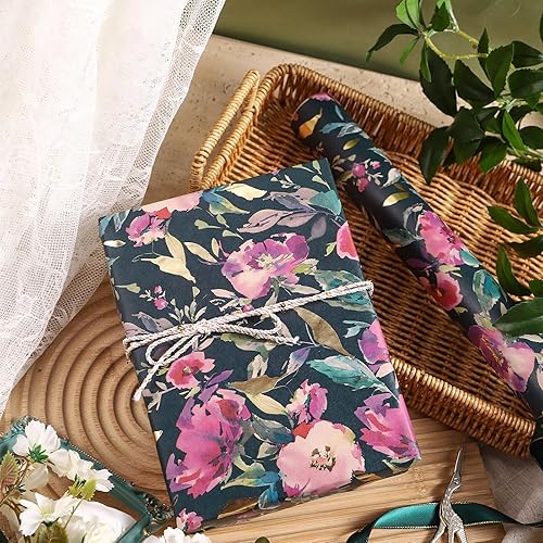 Miniatura 4 de RUSPEPA Rollo de papel de regalo de flores, 17 pulgadas x 16.4 pies, mini rollo, papel de regalo de flores de primavera vintage, papel de estraza