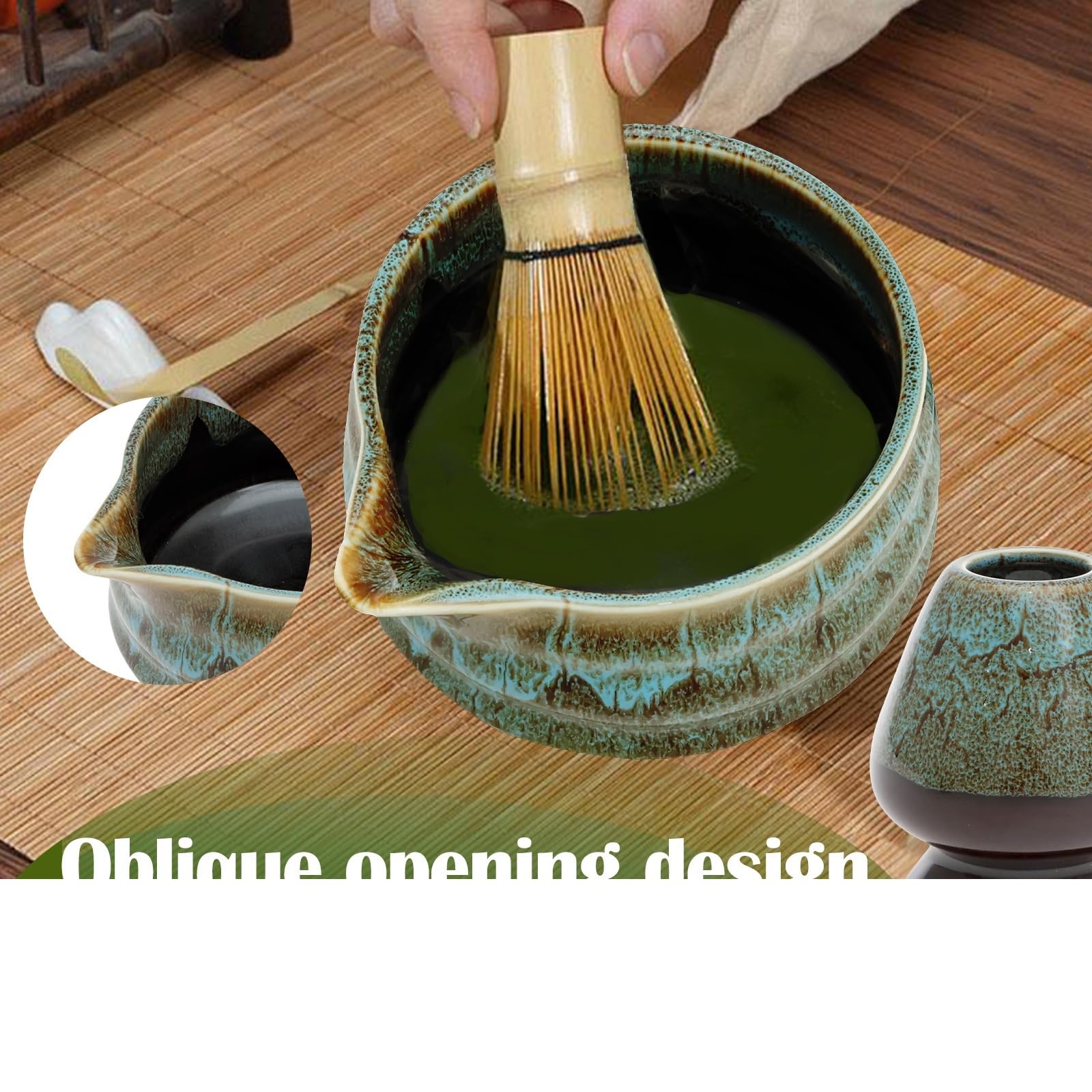 Matcha-Tee-Set Keramik-Matcha-Schüssel Und Schneebesen-Set, Robust, Elegant, Leicht Zu Reinigen, Matcha-Rührschüssel-Set, Hitzebeständig, Tee-Set(Kiln turns blue)