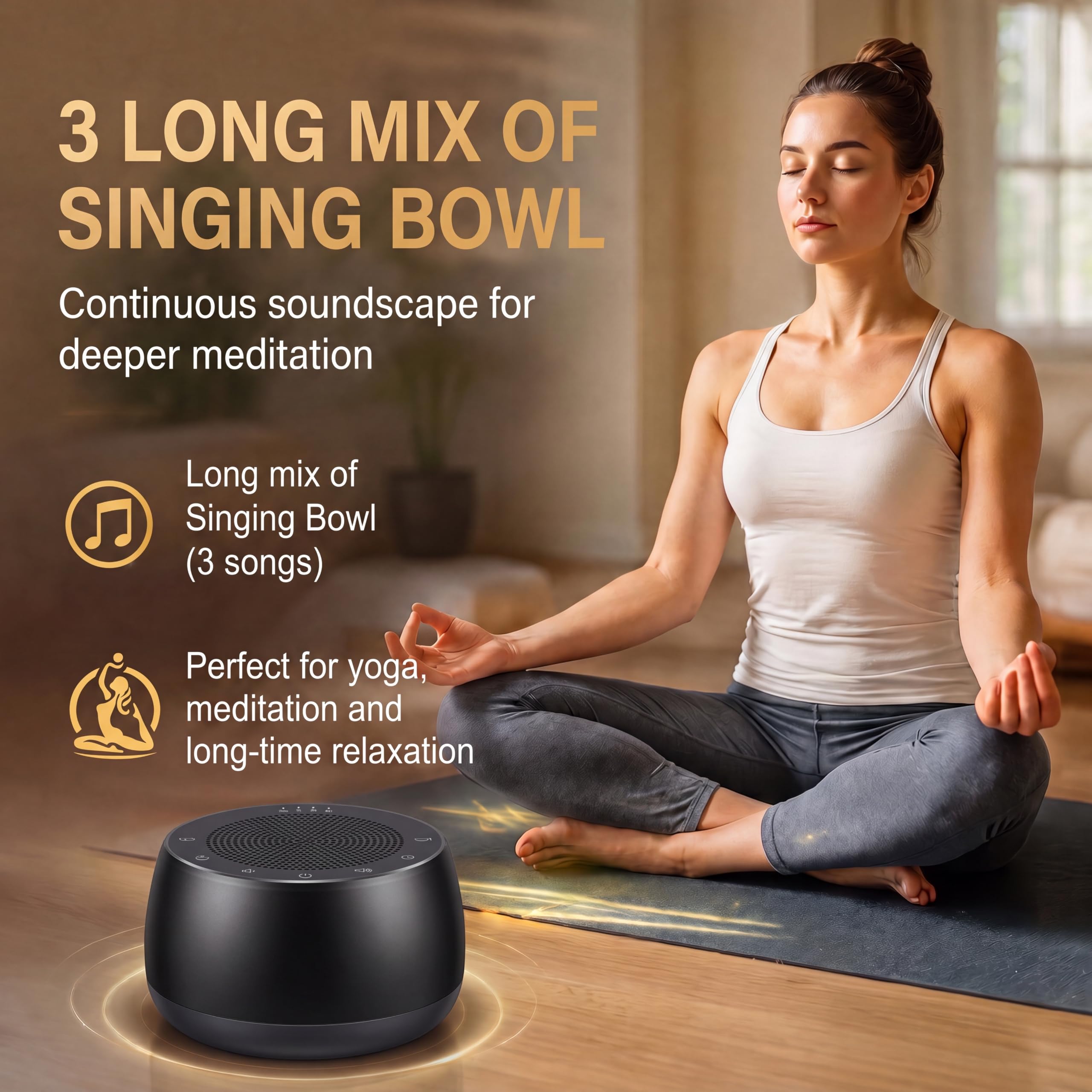 Bol Chantant Tibétain Électronique, Machine à Sons Sans Fil avec Minuterie, Accessoires Méditation pour Yoga & Sommeil, Appareil de Sonothérapie Portable pour Maison & Studio (Noir)
