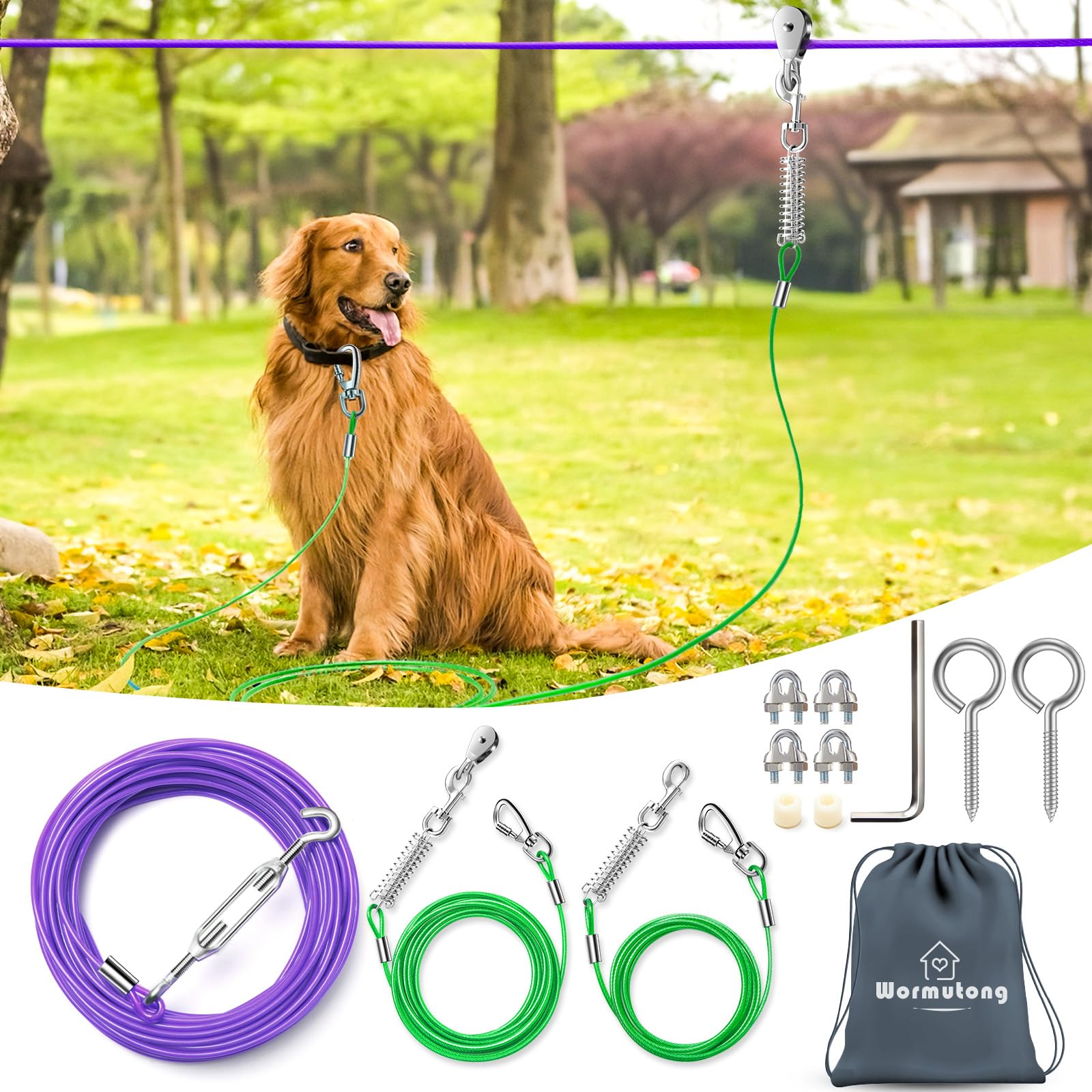 Upgraded Heavy Duty Dog Trolley System - 100ft with 10ft & 15ft Tie Out Cable, Outdoor Lead for Large Dogs Up to 250lbs, Long Leash Cable for Outside