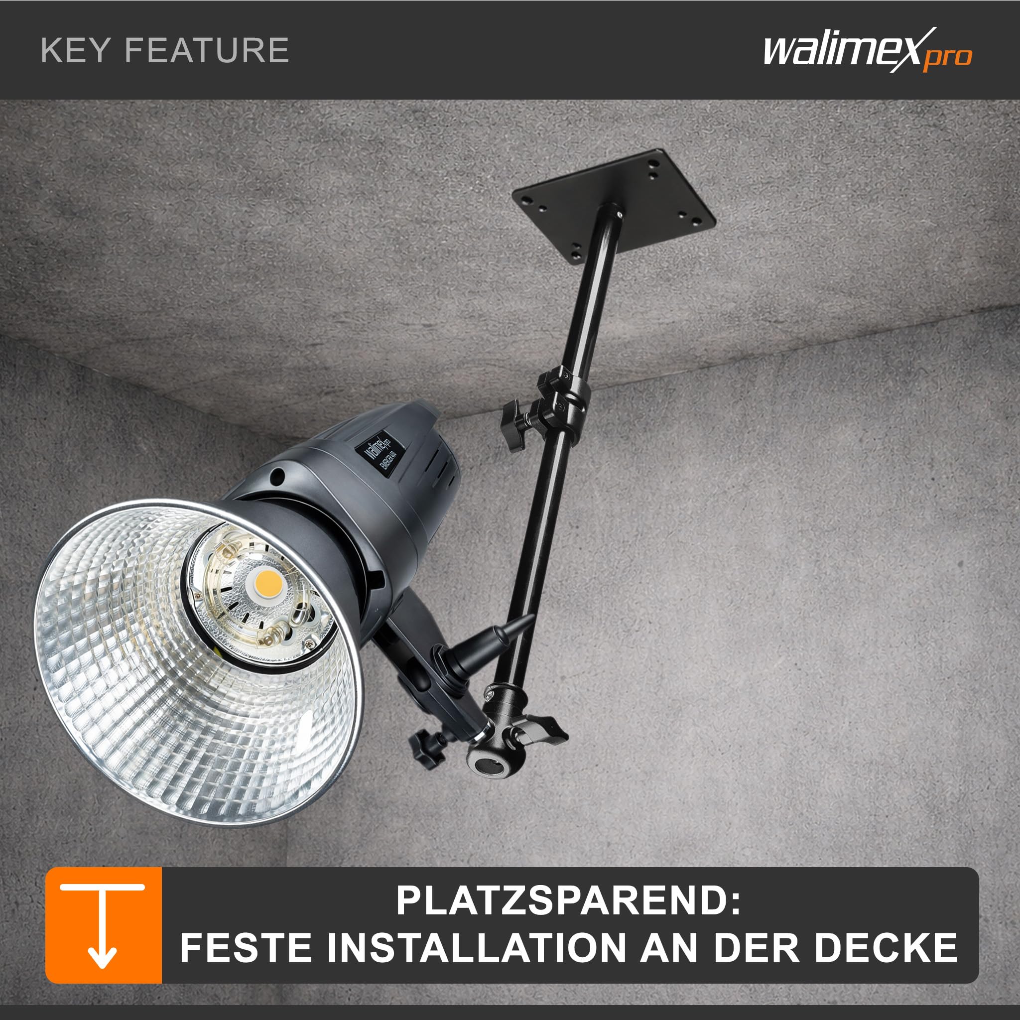 Walimex pro Deckenstativ 34-54 cm, Lichtstativ mit doppelseitigem 5/8" Spigot, Auslegerarm Halterung mit 1/4" u. 3/8" Gewinde, Lampenstativ belastbar bis 6 kg ideal für Videoleuchte, Softbox u. Kamera