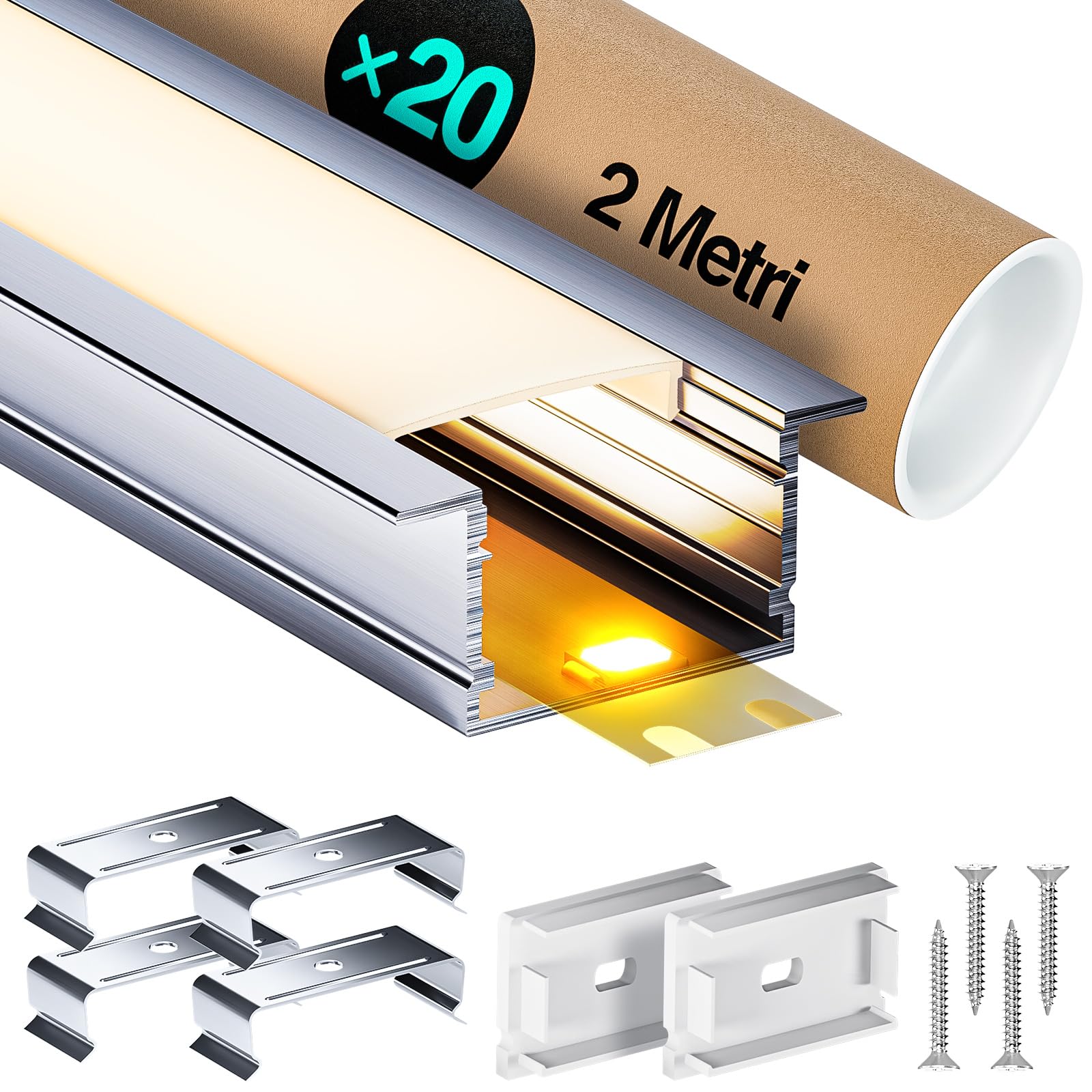 Perfil de aluminio para LED (20 x 2 m, 40 m), perfil de montaje para tiras LED de hasta 25 mm de ancho, con cubierta de policarbonato blanco leche y juego de accesorios (SP36)