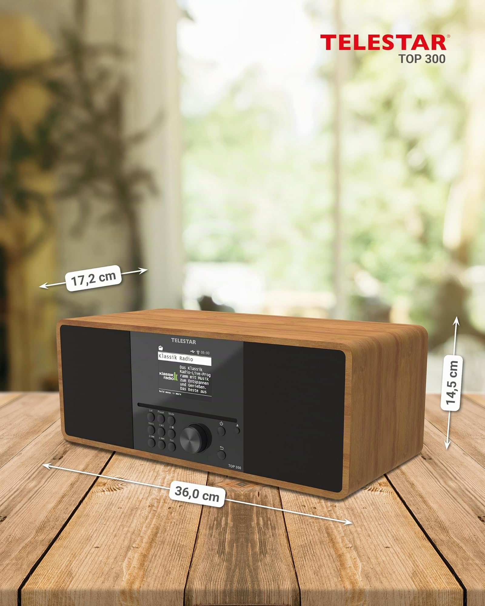 TELESTAR Top 300 – Radio Dab+/Internet con CD, estéreo – Madera | 2 × 15 W, servicios de streaming, Bluetooth audio & función de transmisión, grabación USB, sistema de alerta de emergencia