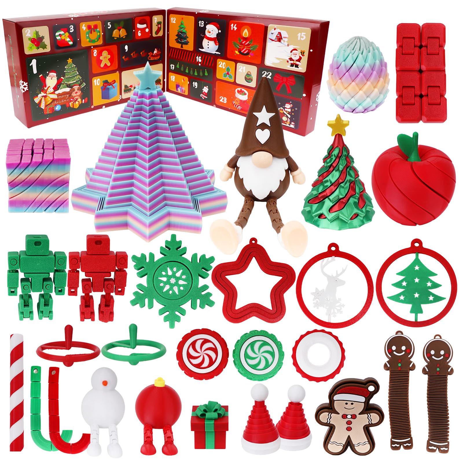 3D Printed Fidget Advent Calendar, 24 Pcs Posable Articulated Toys, Christmas Countdown Suprise Gift Set, Stress Relief Figures for Kids Teens Adults