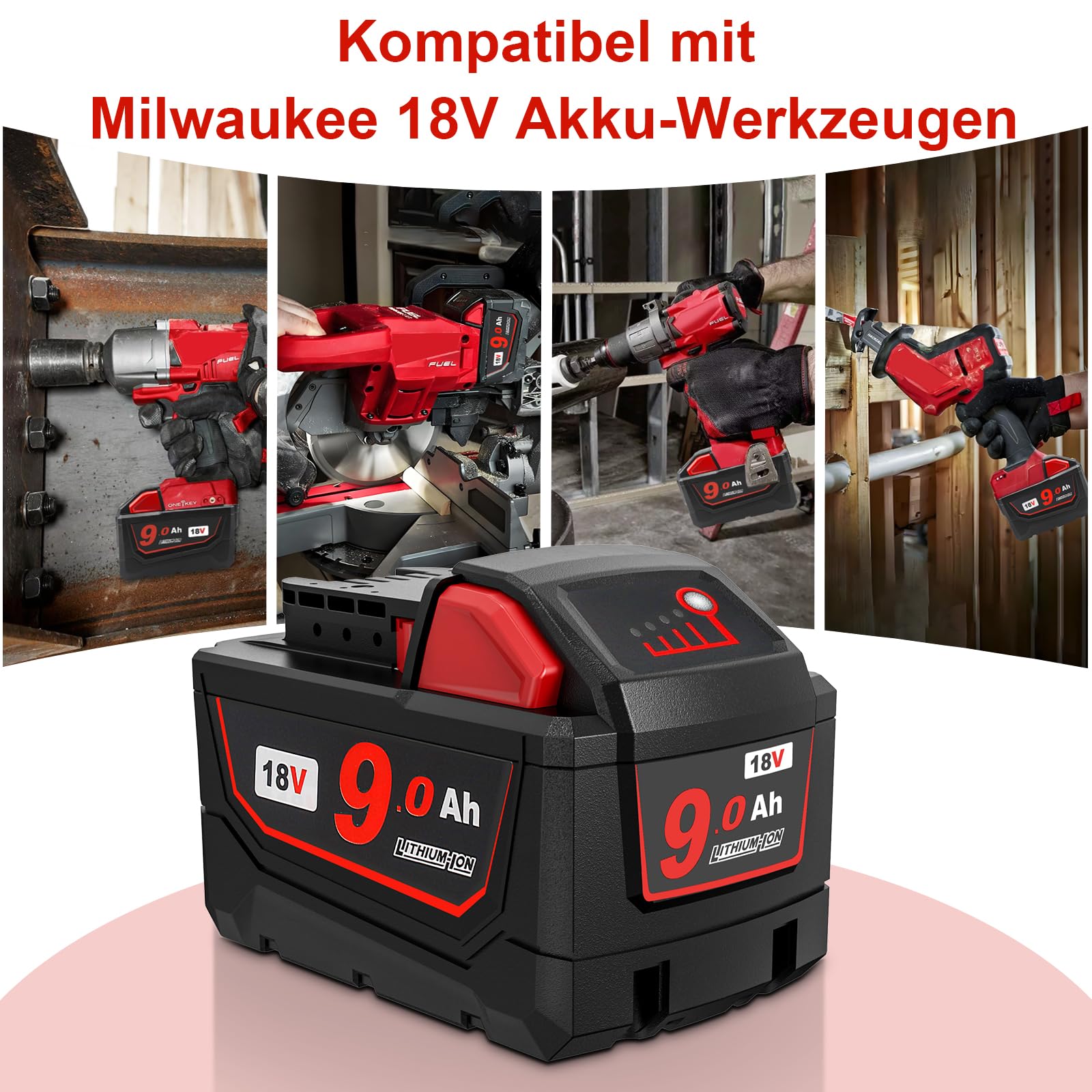 QUPERR 2 Stück 9,0Ah Ersatzakku für Milwaukee M18 Werkzeuge | Mit LED-Ladeanzeige, hoher Kapazität und Mehrfachschutz gegen Überladung, Überhitzung und Kurzschluss