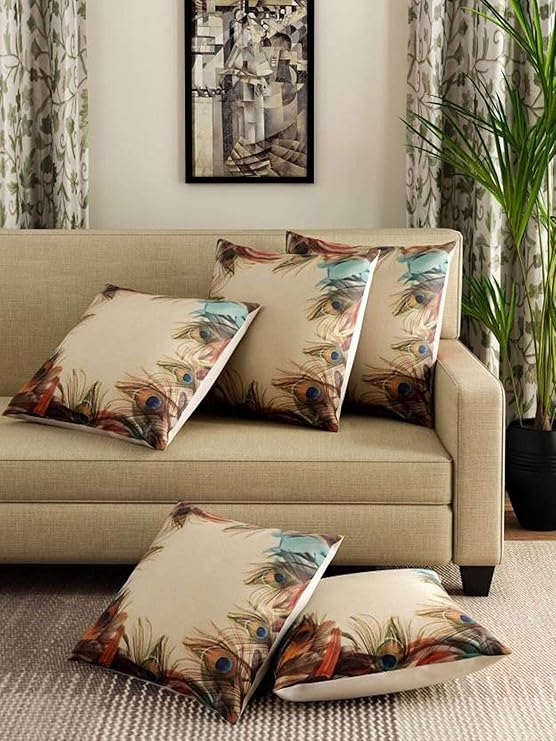 ROMEE Soft Jute Peacock Print Cushion Covers 16 inch x 16 inch, Set of 5 - Multicolor