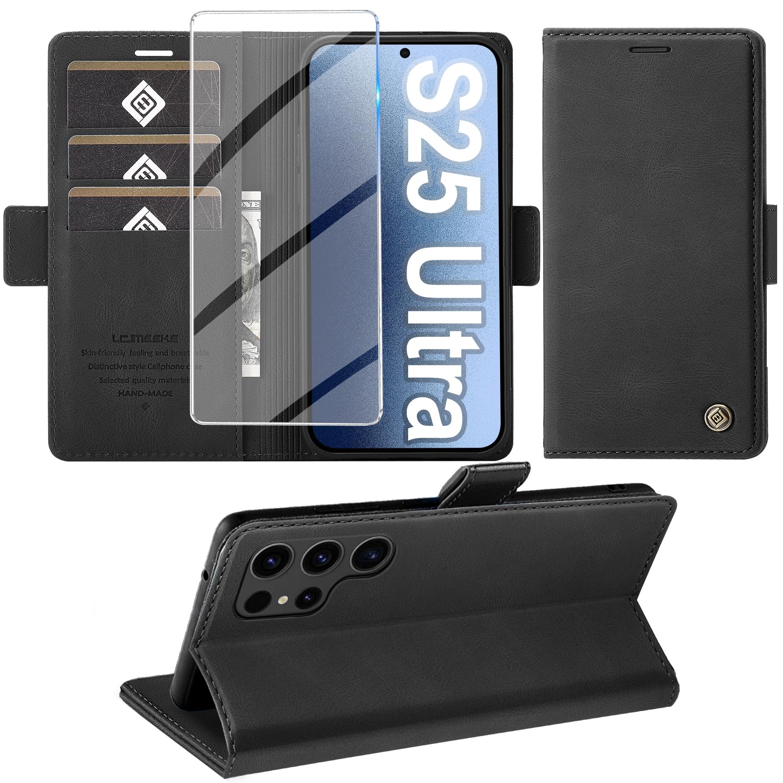 Giyer Handyhülle für Samsung Galaxy S21/S22/S23/S24/S25 Ultra Hülle mit Schutzfolie, Schutzhülle PU Leder Wallet Flip Case Standfunktion Kartenfach Klapphülle