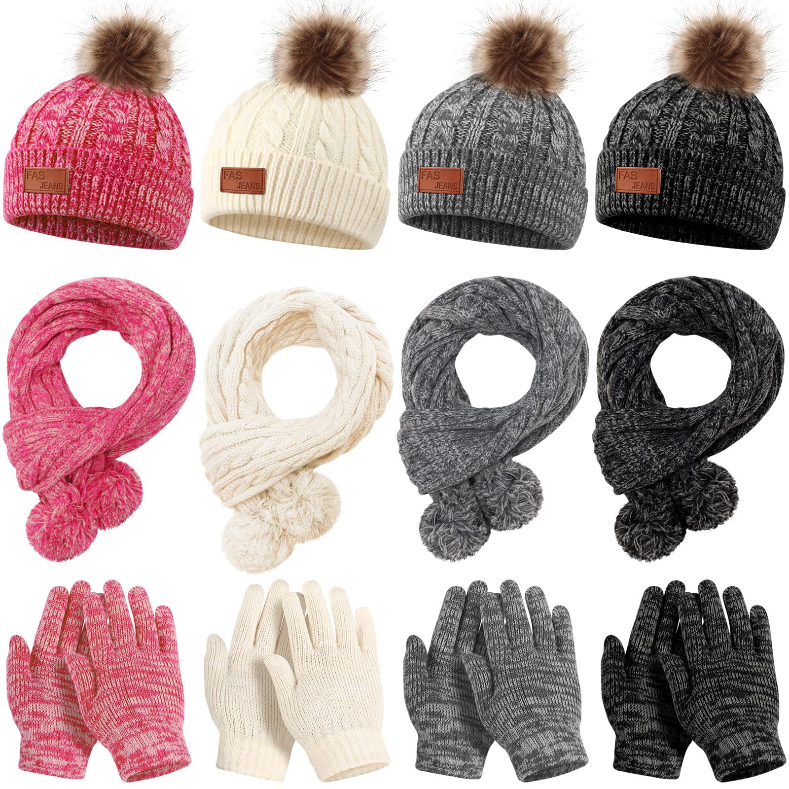 Liitrsh Juego de 12 gorros de punto de invierno para niños, bufanda, guantes cálidos para niños de 5 a 12 años