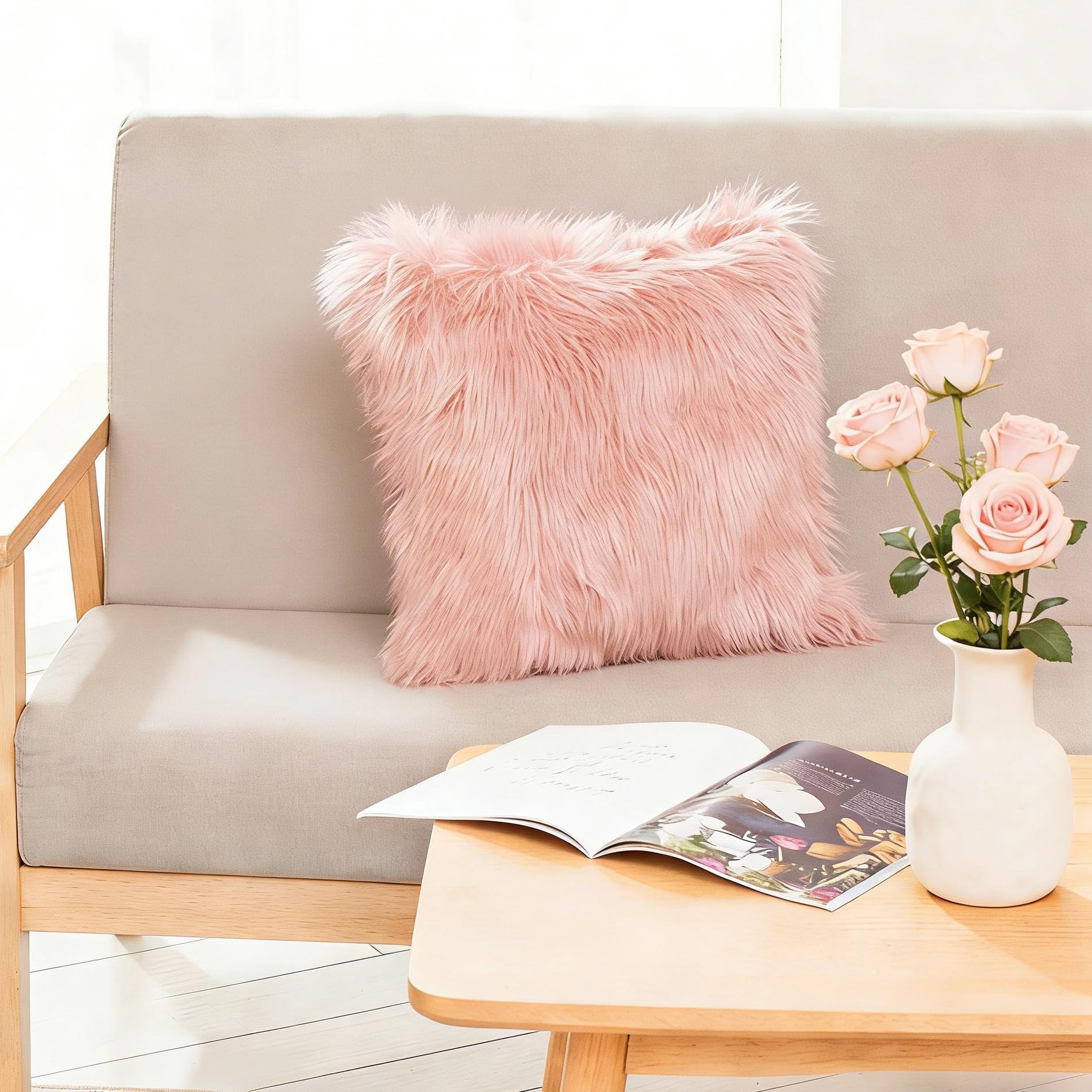 CROS 50 Pack Soft Faux Fur Pillow Covers, Plush Shaggy Decorative Throw Pillowcases, Cozy Luxury Cushion Covers for Sofa, Bedroom, Living Room, Pink, 20x20 Inches