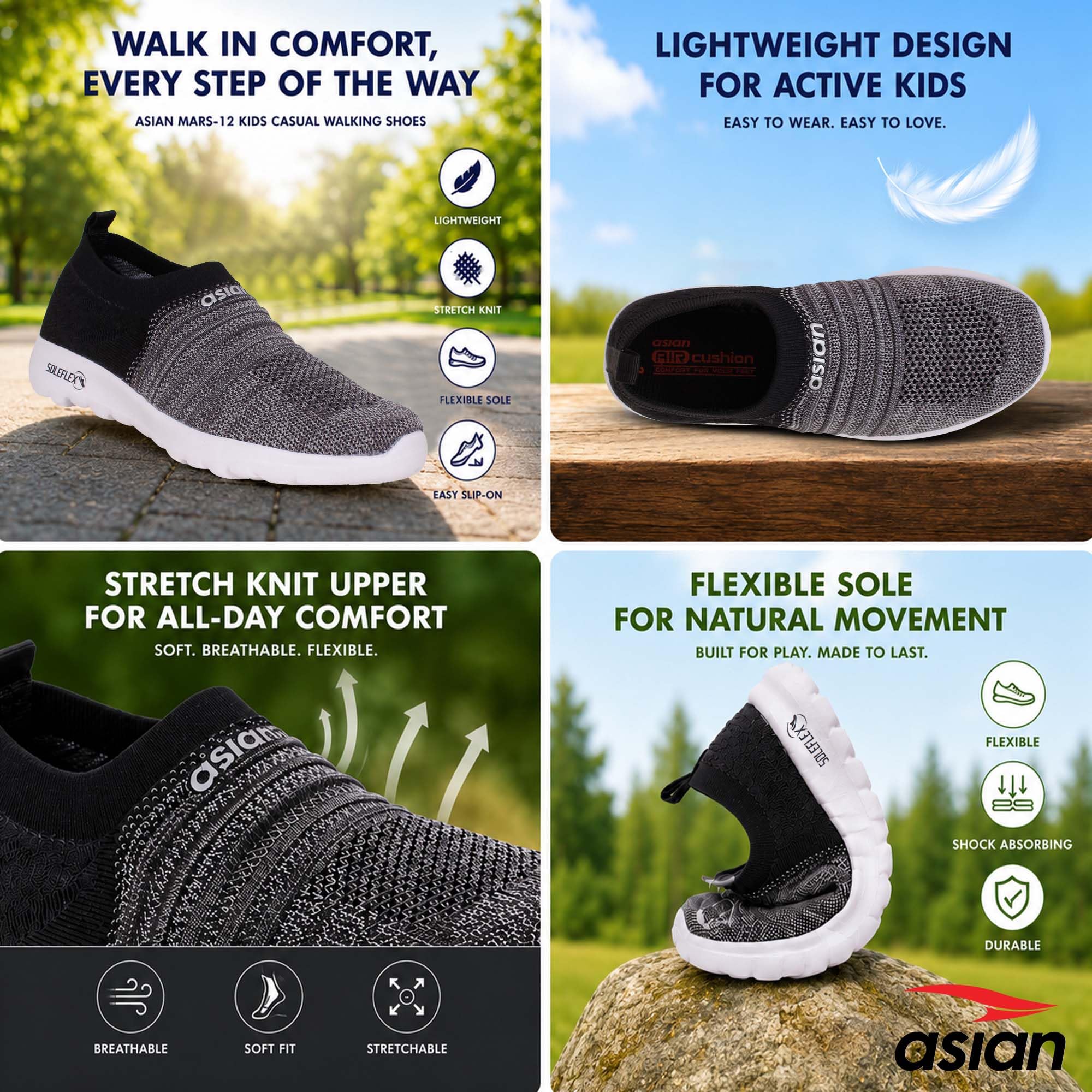 ASIAN Mars-12 Kids Casual Walking Shoes | Lightweight Slip-On Design, Stretch Knit Comfort & Flexible | Ideal (Grey Black, Numeric_4),UK 4 4