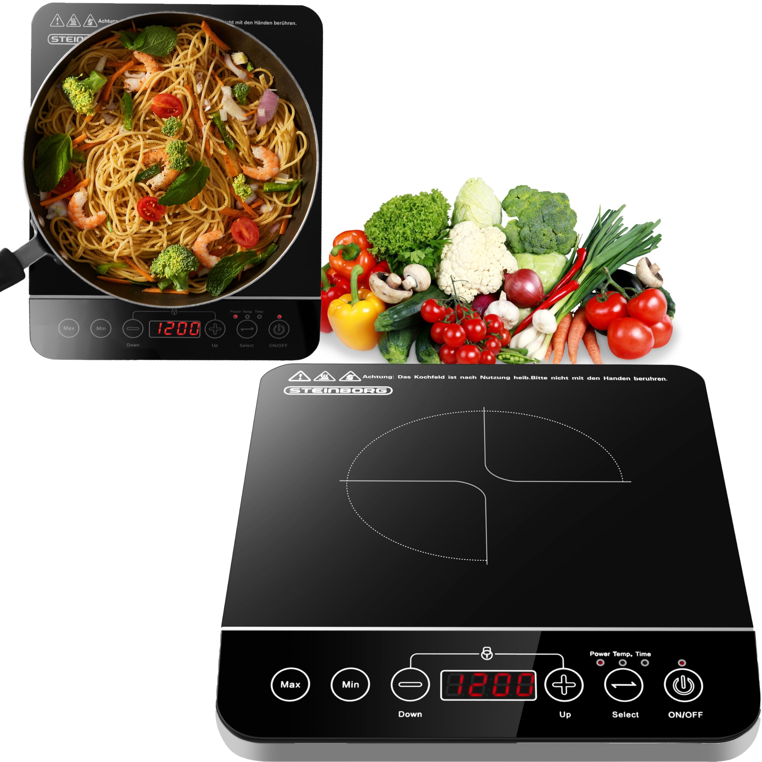 Steinborg® Induktionskochplatte Induktionskochfeld 1 Platte 2000 Watt Automatikprogramme Herdplatte Kochplatte Induktion Induktionsherd Touch Bedienfeld Kindersicherung Induktionsplatte