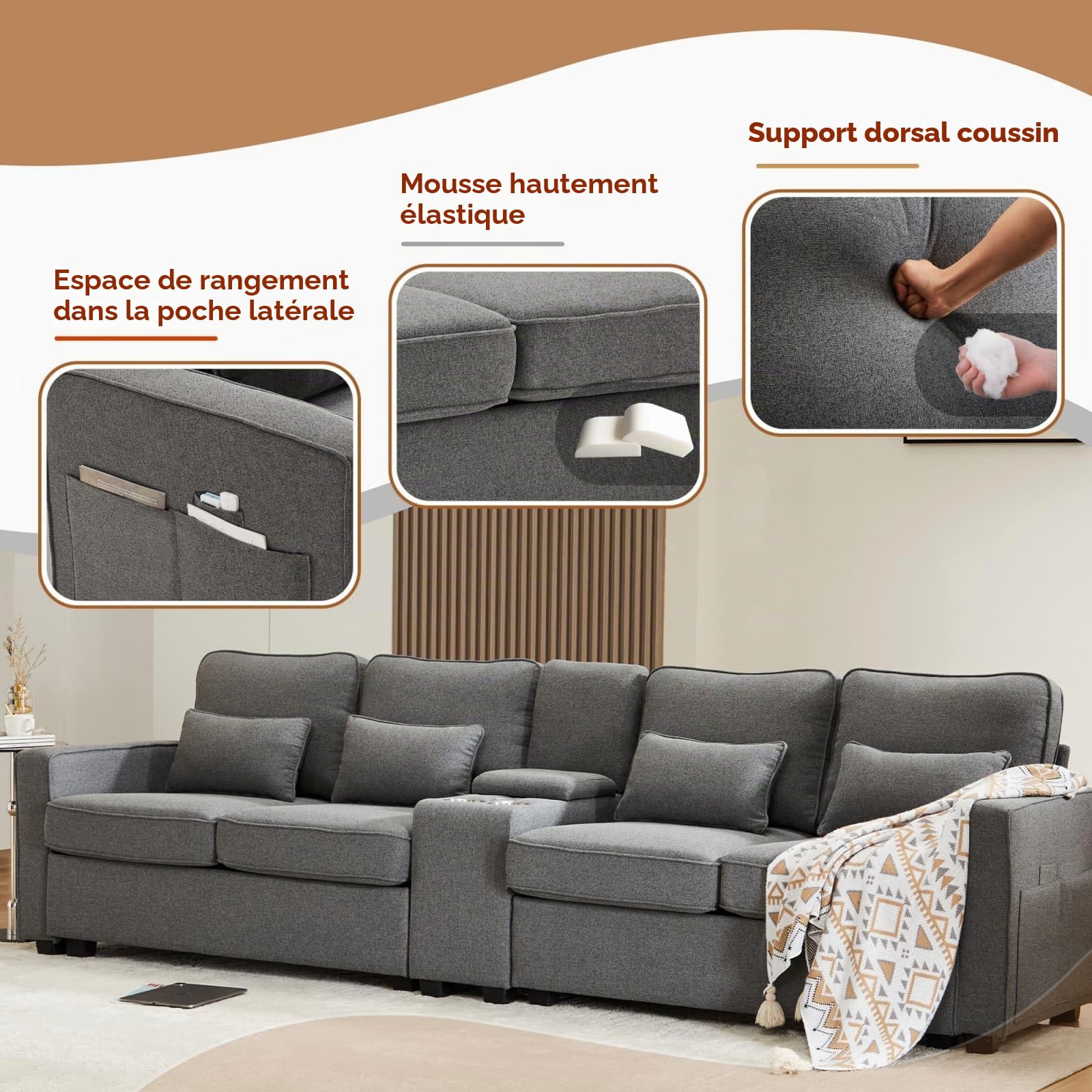 KOMHTOM Canapé Beige/Gris avec Coussins Canapé 4 Places avec Rangement, Grand canapé avec Porte-gobelet et Port de Charge Meubles de Salon (Gris foncé)