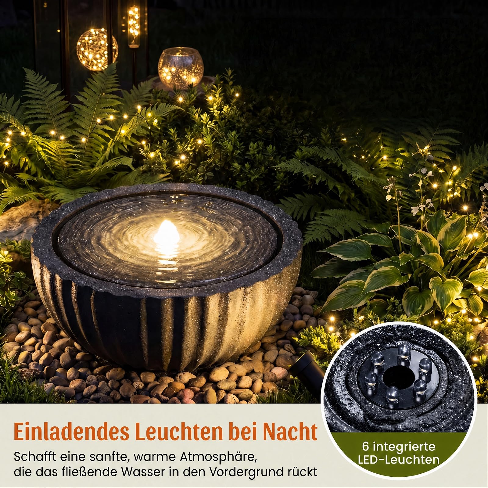 GYMAX Fuente de Jardín Redonda,Fuente Decorativa | Fuente de Agua con Iluminación LED, Bomba Ajustable y Resina Resistente para Salón, Patio y Terraza, 45 x 23,5 cm