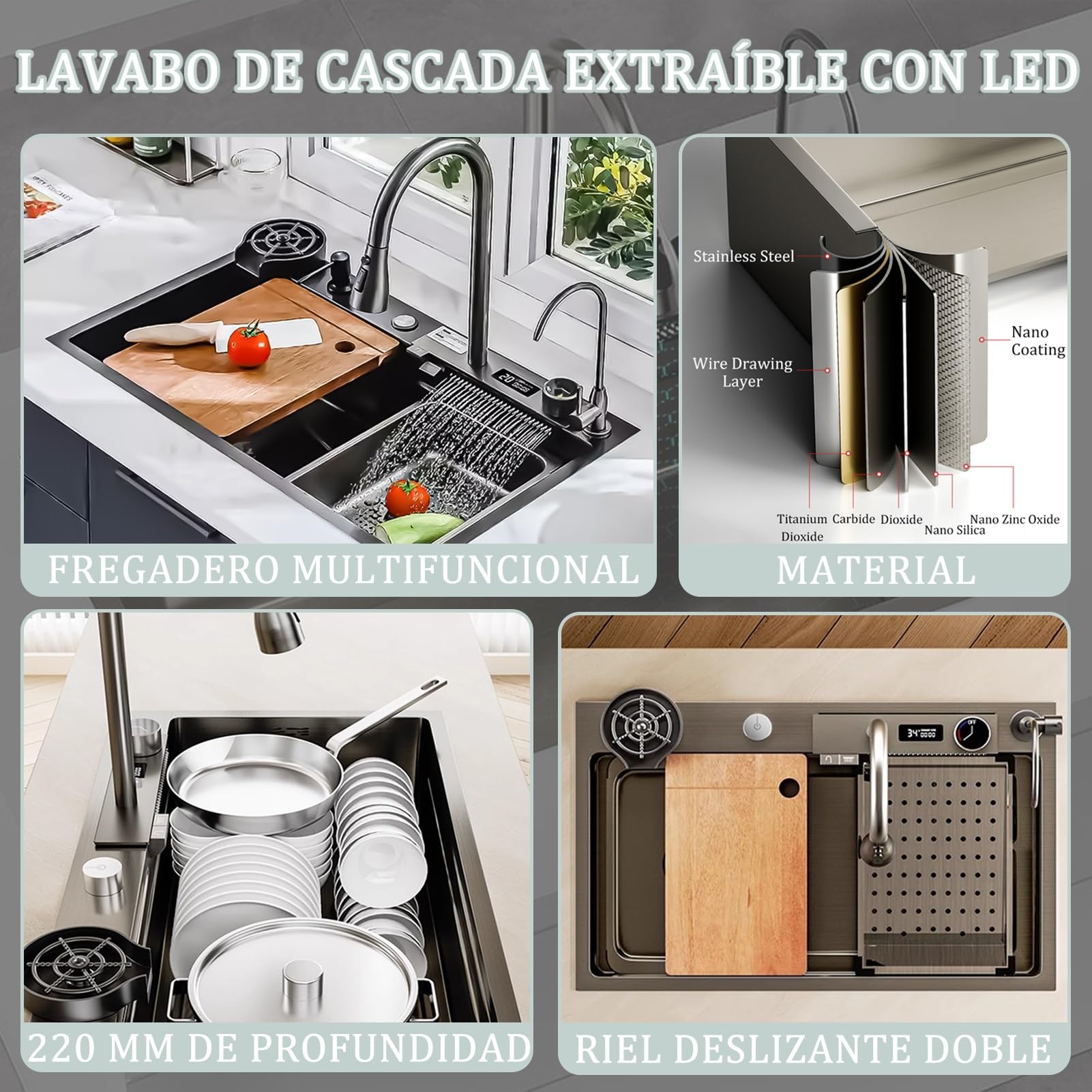 85x45cm Fregadero De Cocina De Con Cascada Negro, Lugar De Trabajo Grifo De Cascada LED, Tabla De Cortar Deslizante Y Fregadero De Tazas De Alta Presión, Compacto Y Multifuncional