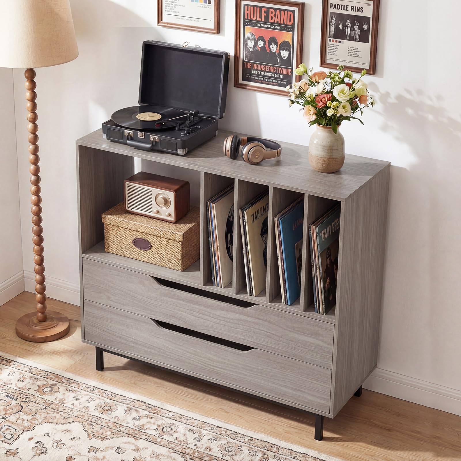 GIANTEX Mobile Porta Dischi in Vinile con Scomparti Aperti e 4 Separatori, Gambe Metalliche e Cassetti, Mensola in Legno per Sala Musica e Soggiorno