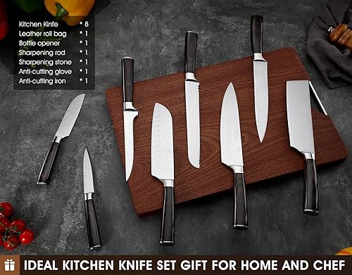 Miniatura 5 de DRAGON ROIT - Juego de cuchillos japoneses con patrón de damasco para cocina con bolsa de rollo, juego de cuchillos de cocina afilados de acero