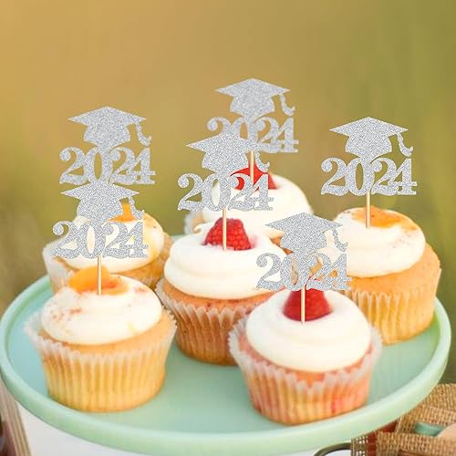 Miniatura 6 de Ercadio Paquete de 36 adornos para cupcakes de graduación 2023 con purpurina plateada 2023, selecciones para cupcakes 2023, decoraciones de pasteles