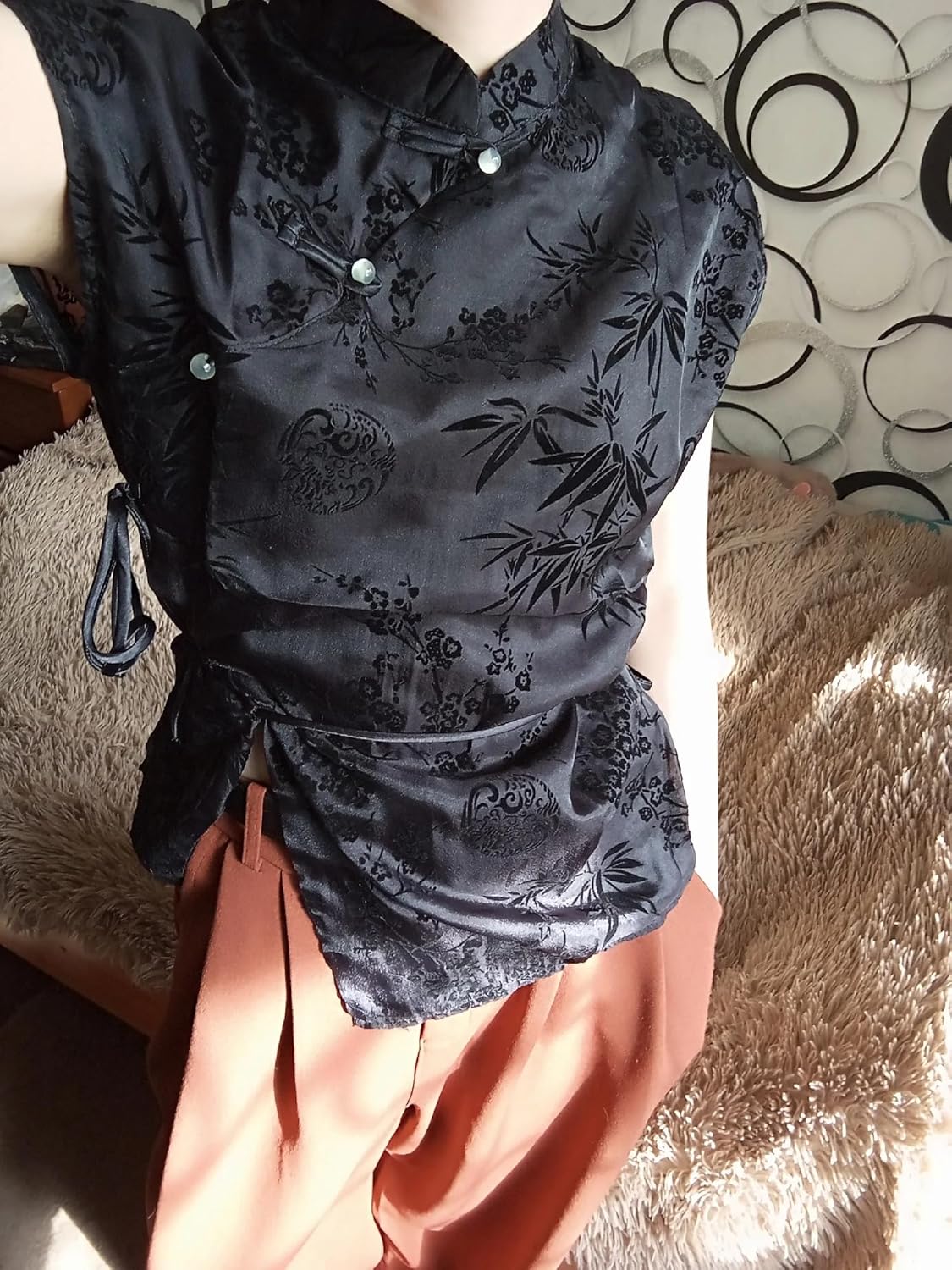 Women's Retro Chinese Style Cheongsam Top Summer Black Jacquard Short Sleeve Button Blouse T-Shirt - Image 6