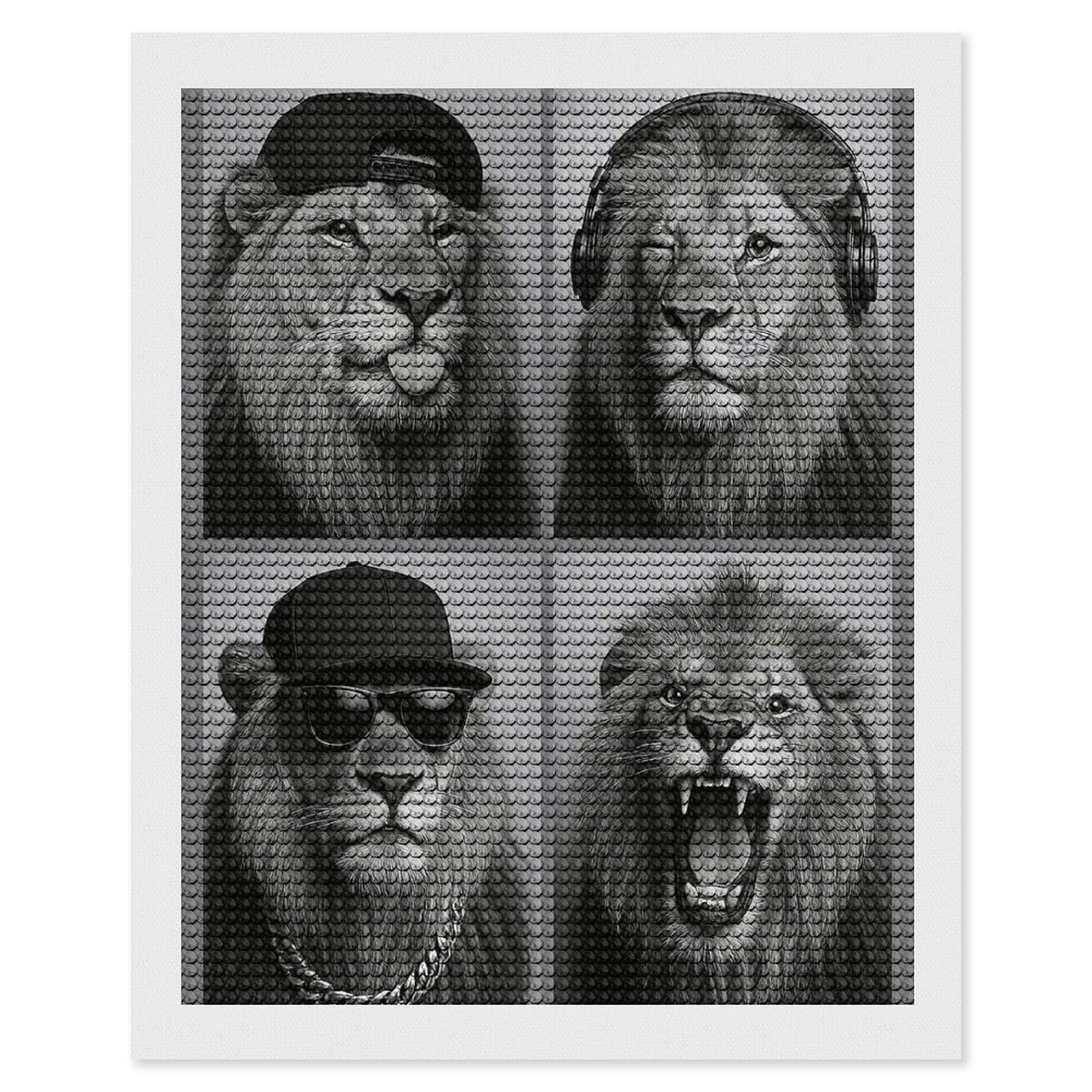 Junmoney Monochrome Lions with Accessories Collage Diamond Painting Canvas Set 16"x20", for Beginners, Complete Accessories, Christmas Gift, Modern Decor