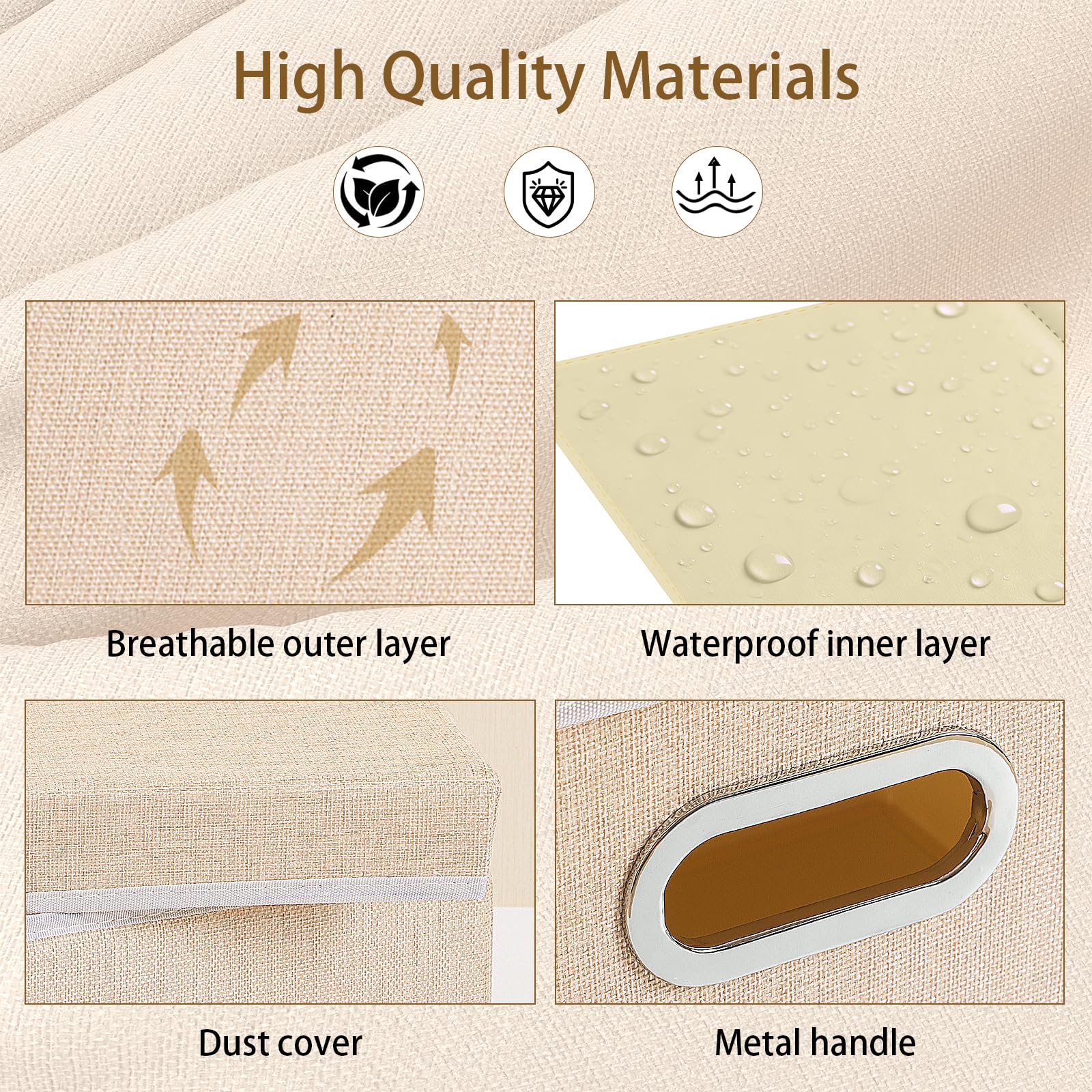 Yawinhe Scatole Portaoggetti con Coperchi, Set di 3 Lavabile, Stoccaggio in Tessuto con Manici, Contenitore per Armadio, per Conservare Vestiti, 45x30x30cm, Beige