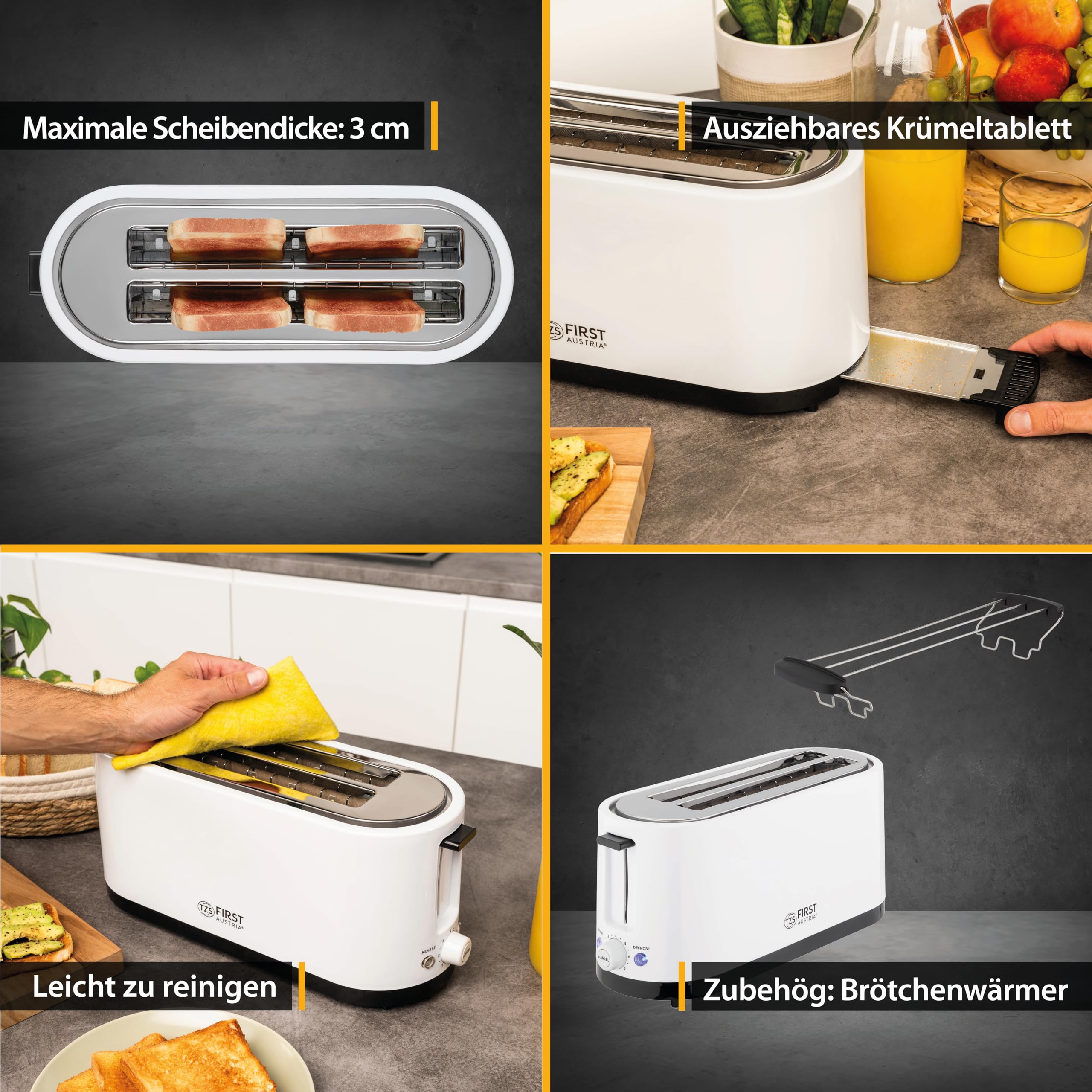 TZS First Austria - Toaster 4 Scheiben Langschlitz 1400W mit Krümelschublade | Brötchenaufsatz | wärmeisoliertes Gehäuse, Temperatureinstellung, Edelstahlgehäuse, Auftaufunktion, Brotzentrierung