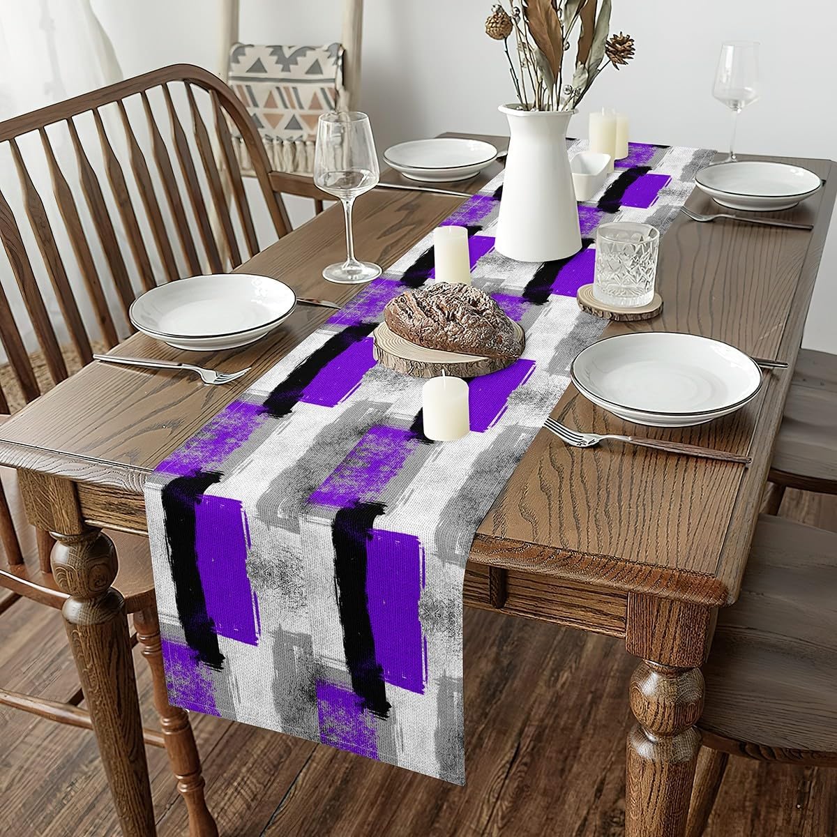 Feelyou Purple Black Grey White Table Runner for Abstract Kitchen Dining Table Decoration for Home Party 13" x 108" Ombre Modern Seasonal Buffalo Check Home Decor Dresser Scarfs Dresser Runners